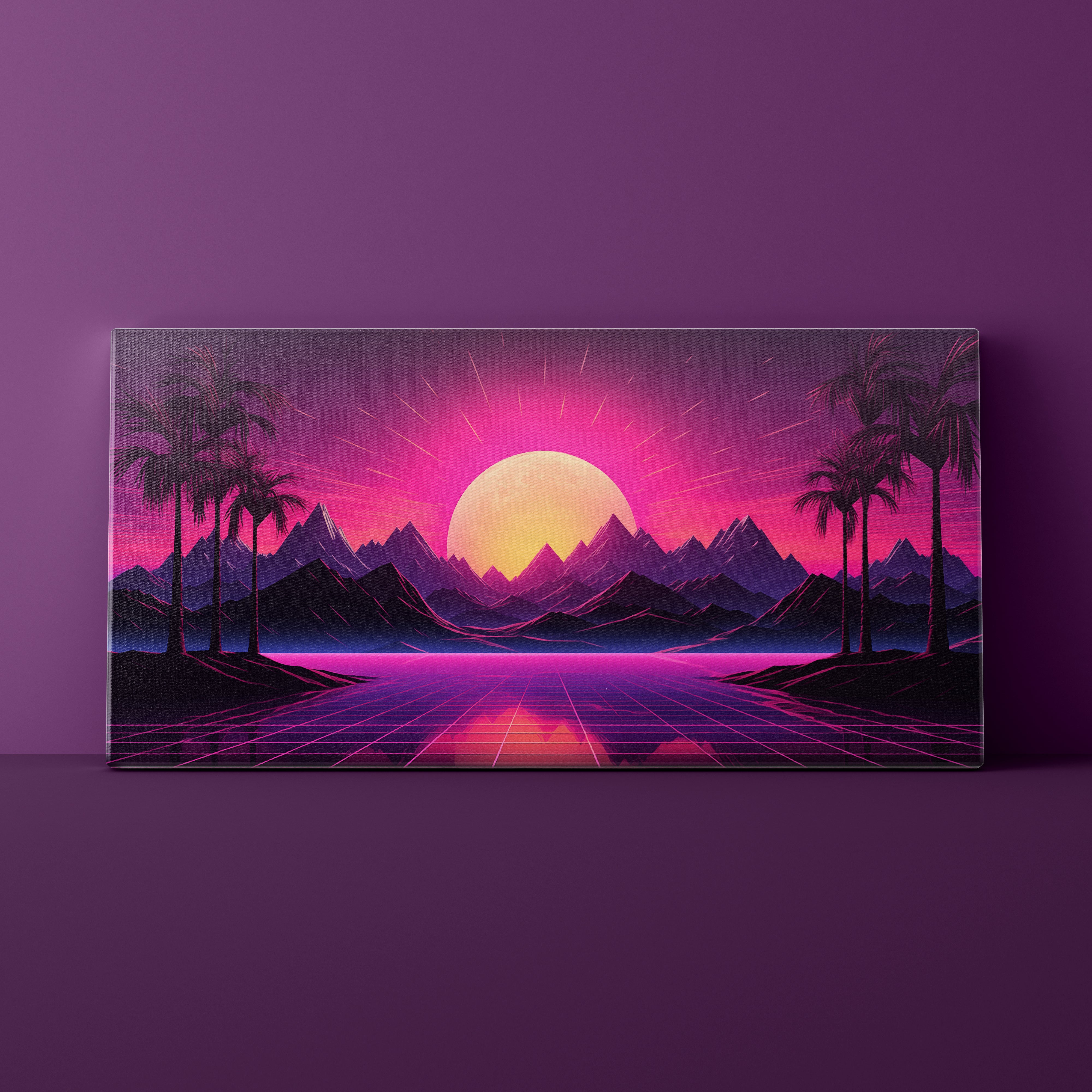 Futuristic landscape with pink and purple hues, palm trees, and mountains on a purple background.