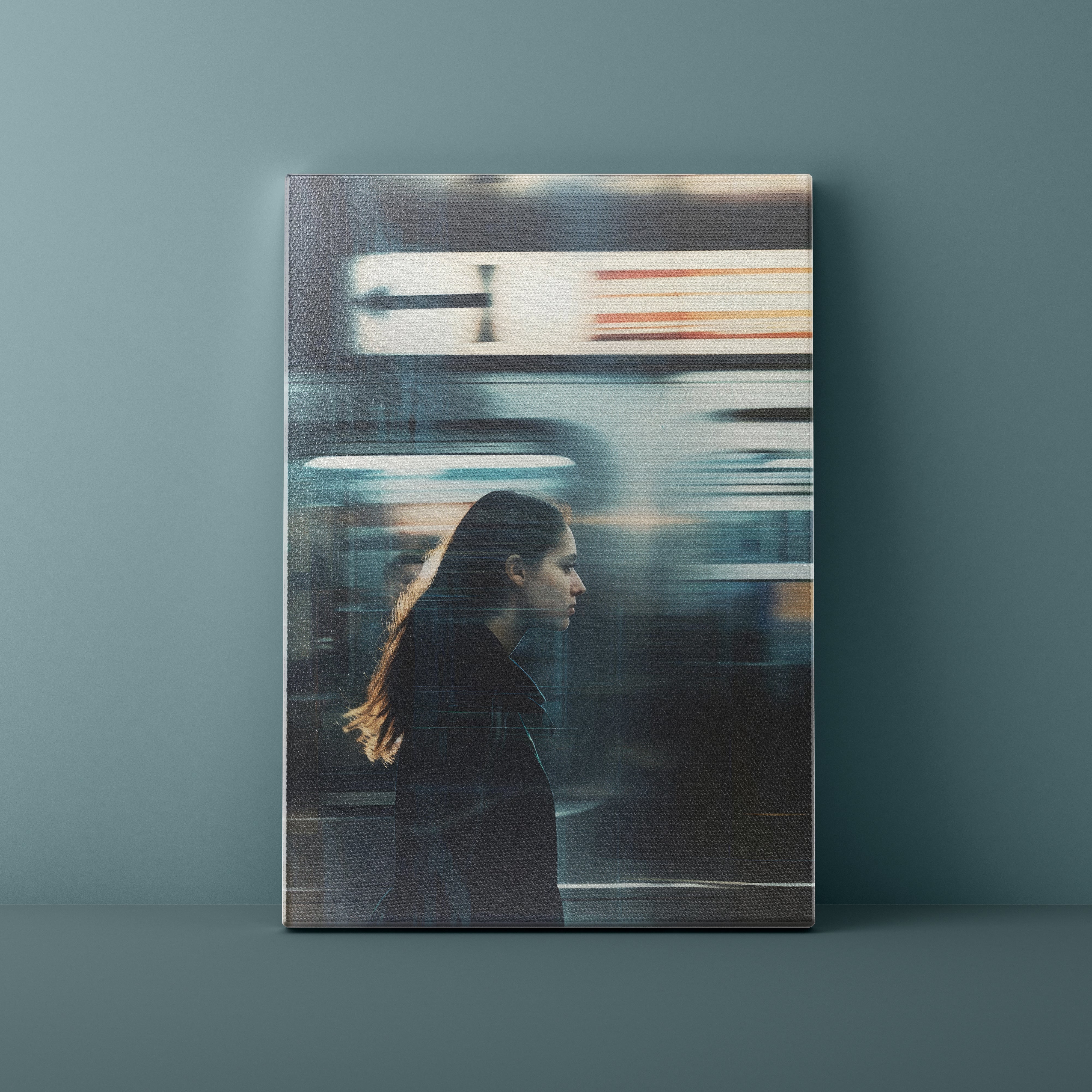 Framed artwork of a woman's silhouette against a blurred cityscape on a gray wall.