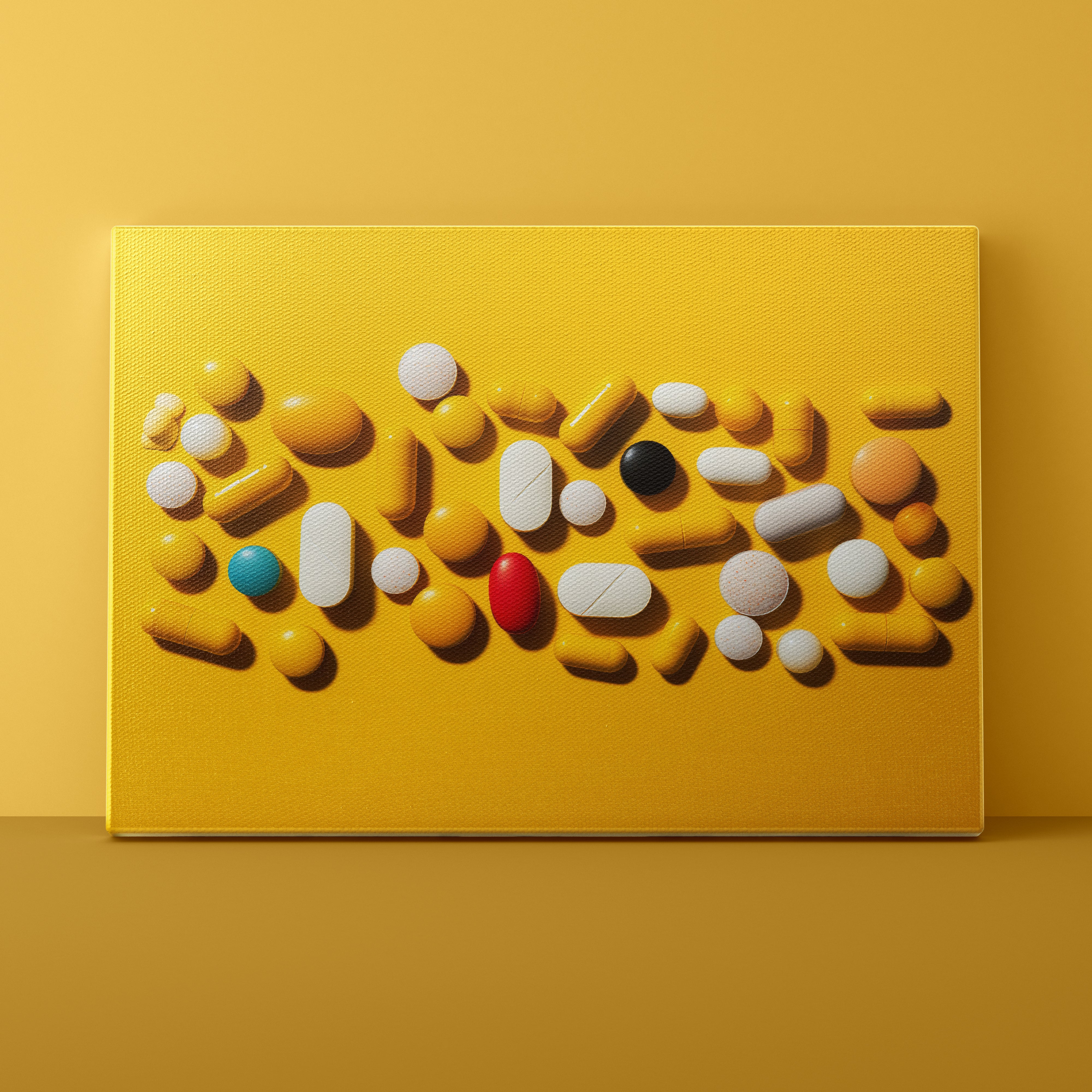 Colorful assortment of pills on a yellow background