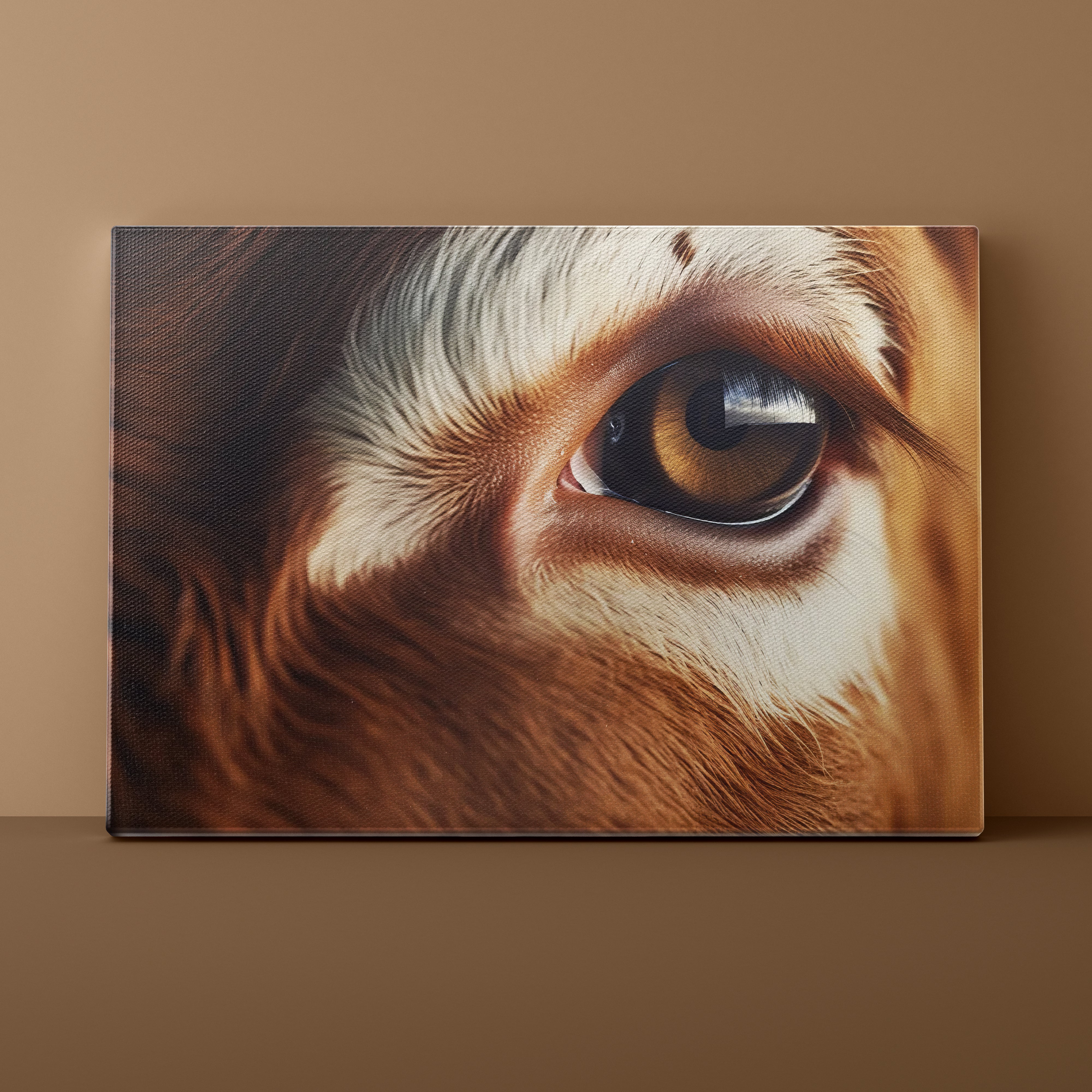 Canvas print of a close-up of a horse's eye on a brown wall.