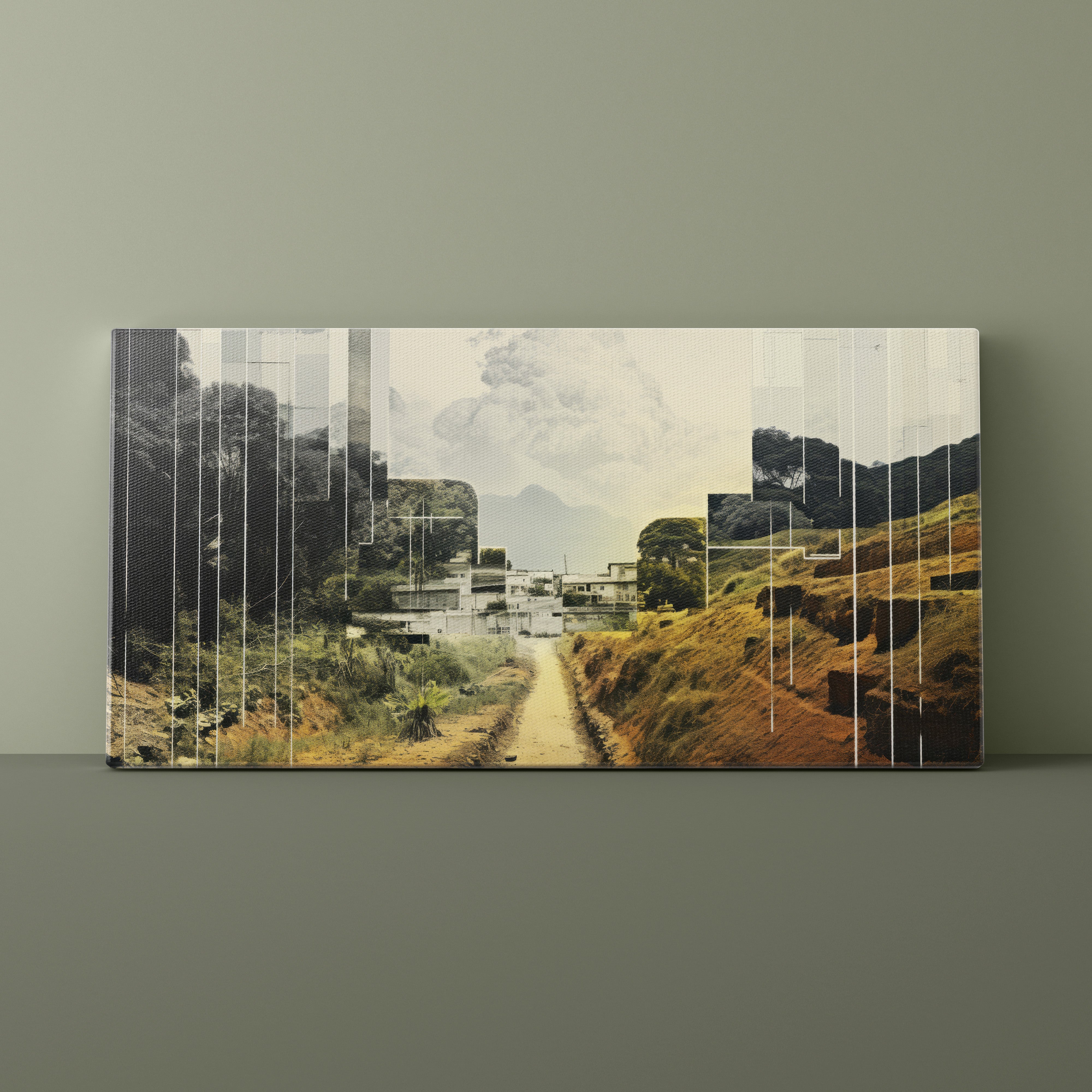 Multiframe landscape painting on a wall