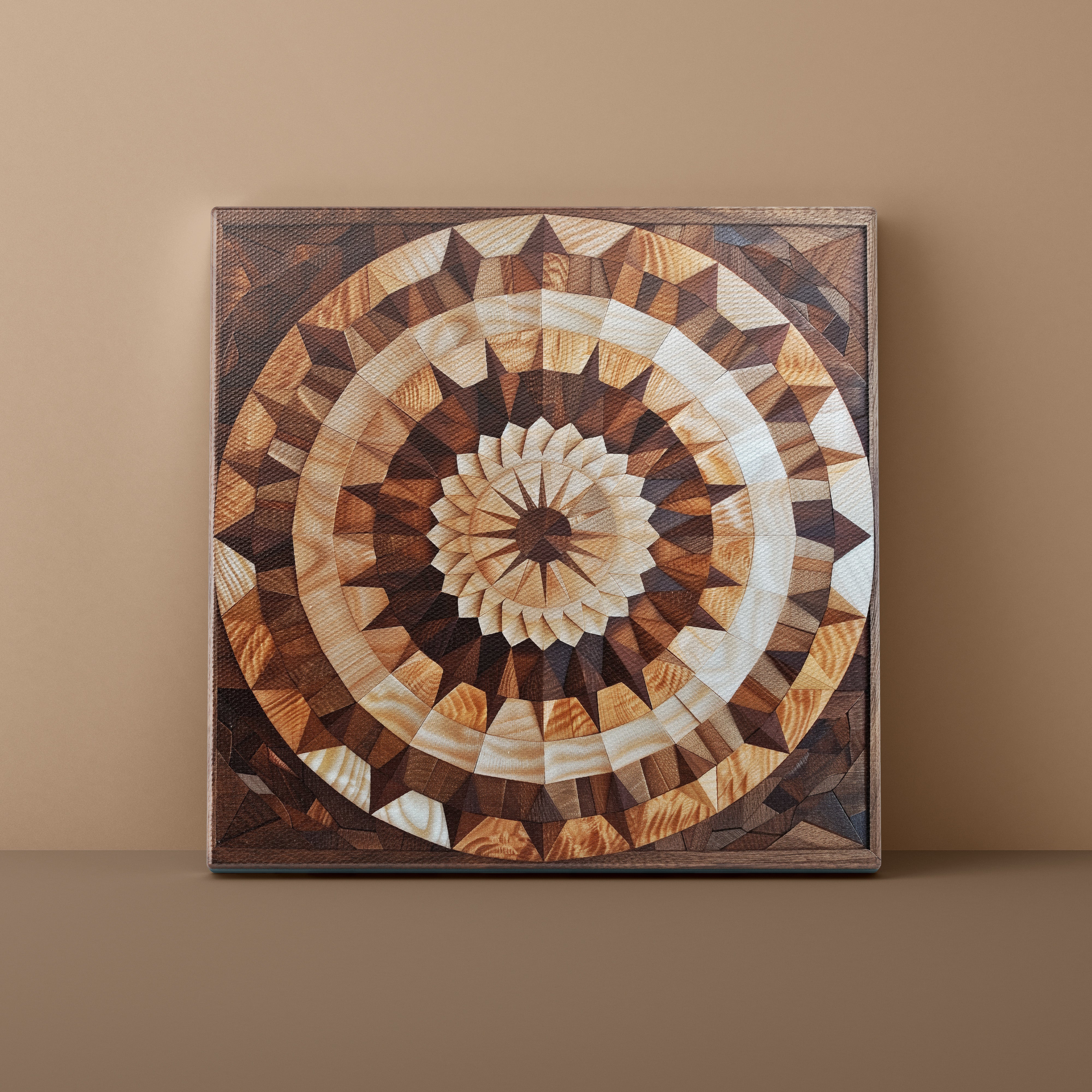Wooden inlaid artwork with concentric circle pattern on a beige wall