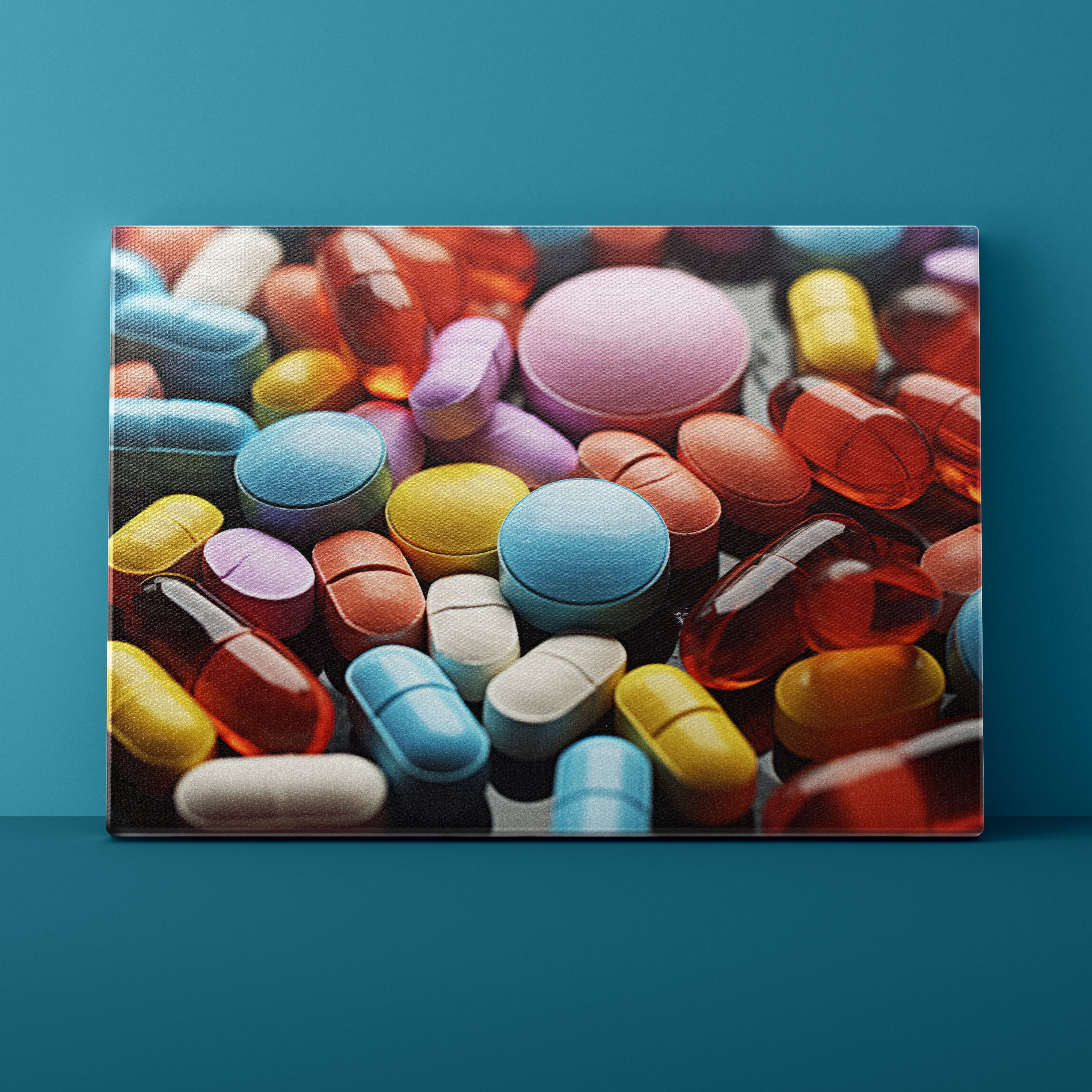 Colorful assortment of pills on a teal background