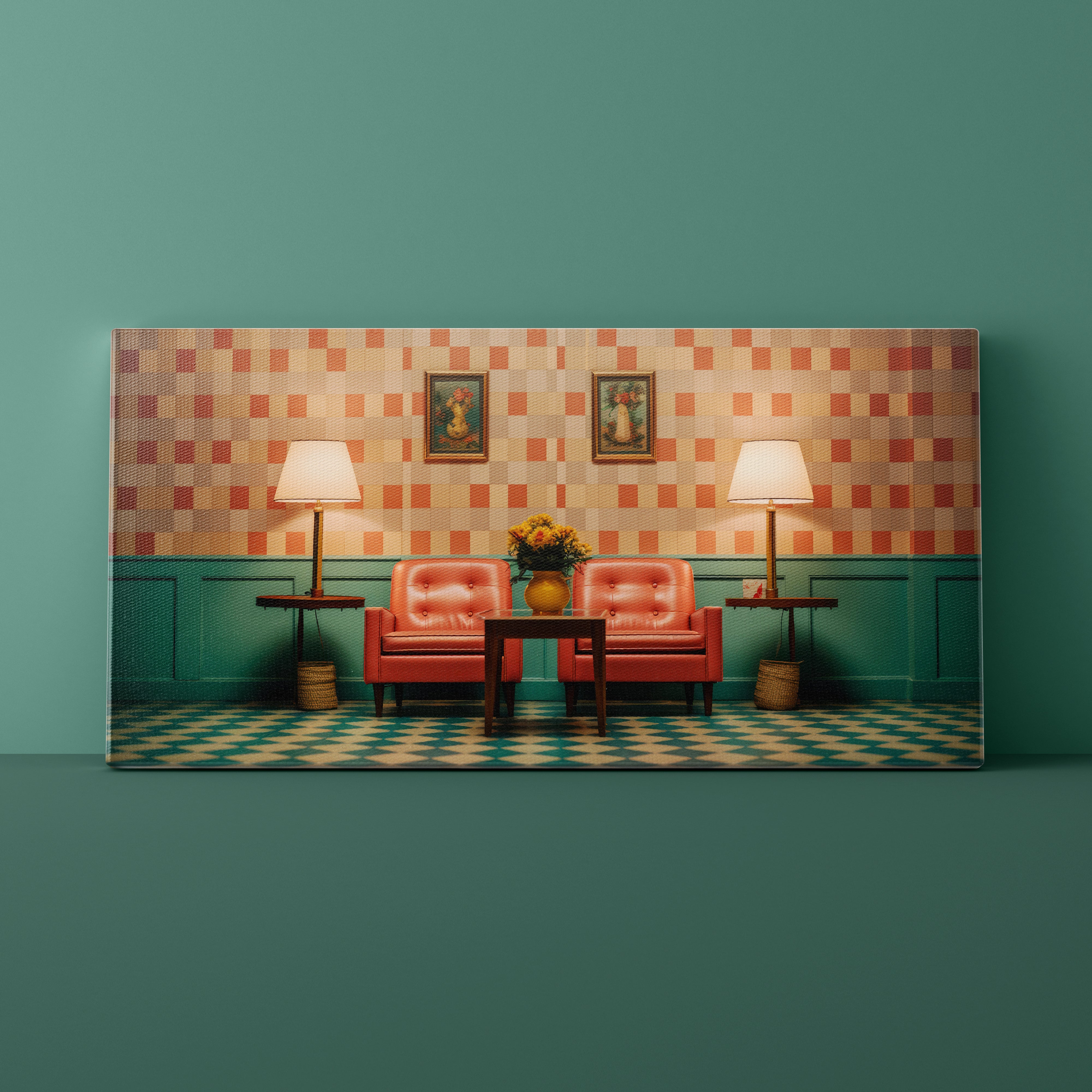 Framed artwork of a retro-style living room with checkered walls and red chairs.