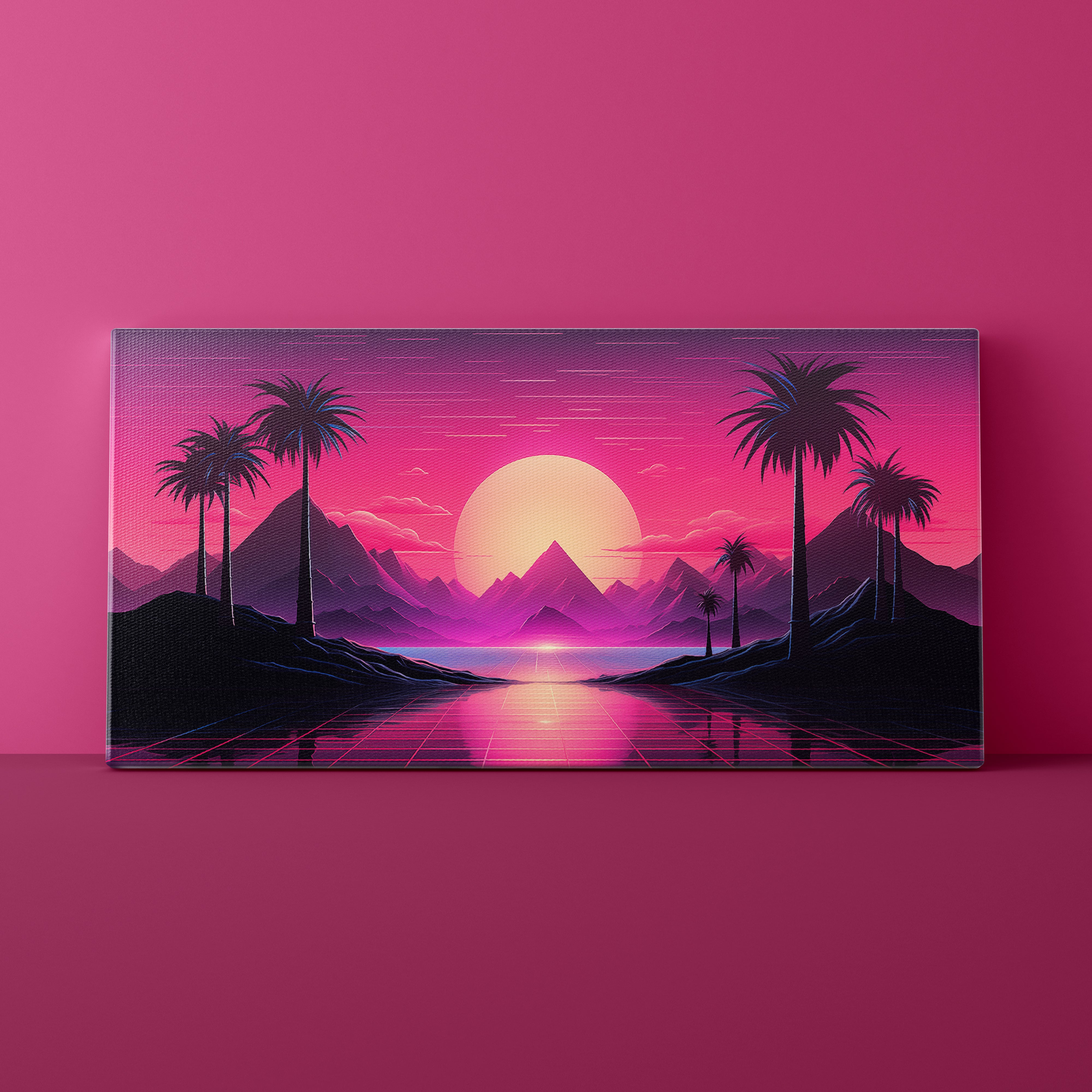 Canvas print of a stylized landscape with palm trees, mountains, and a pink sun on a pink background.