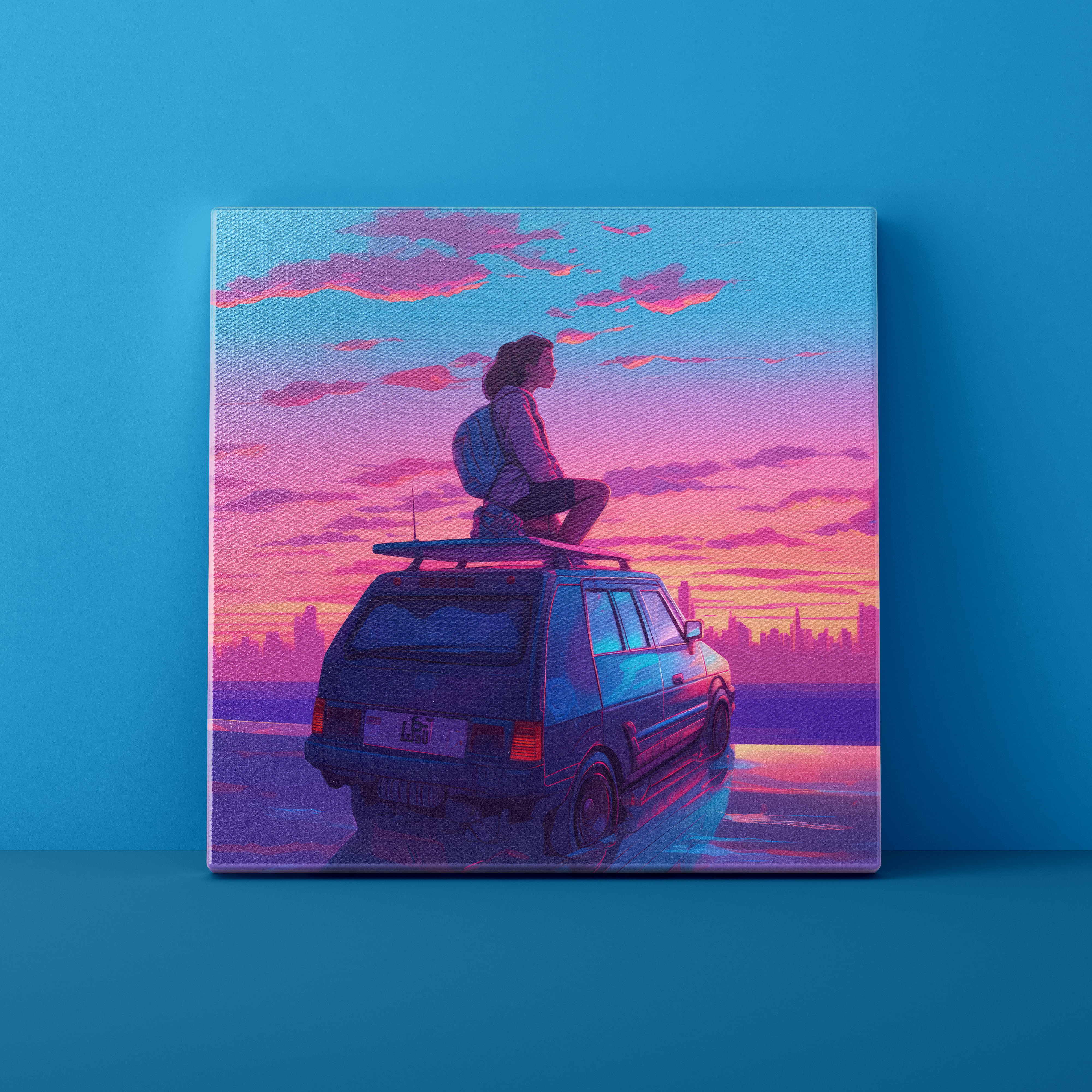 Person sitting on a car at sunset with a city skyline in the background, on a blue wall.
