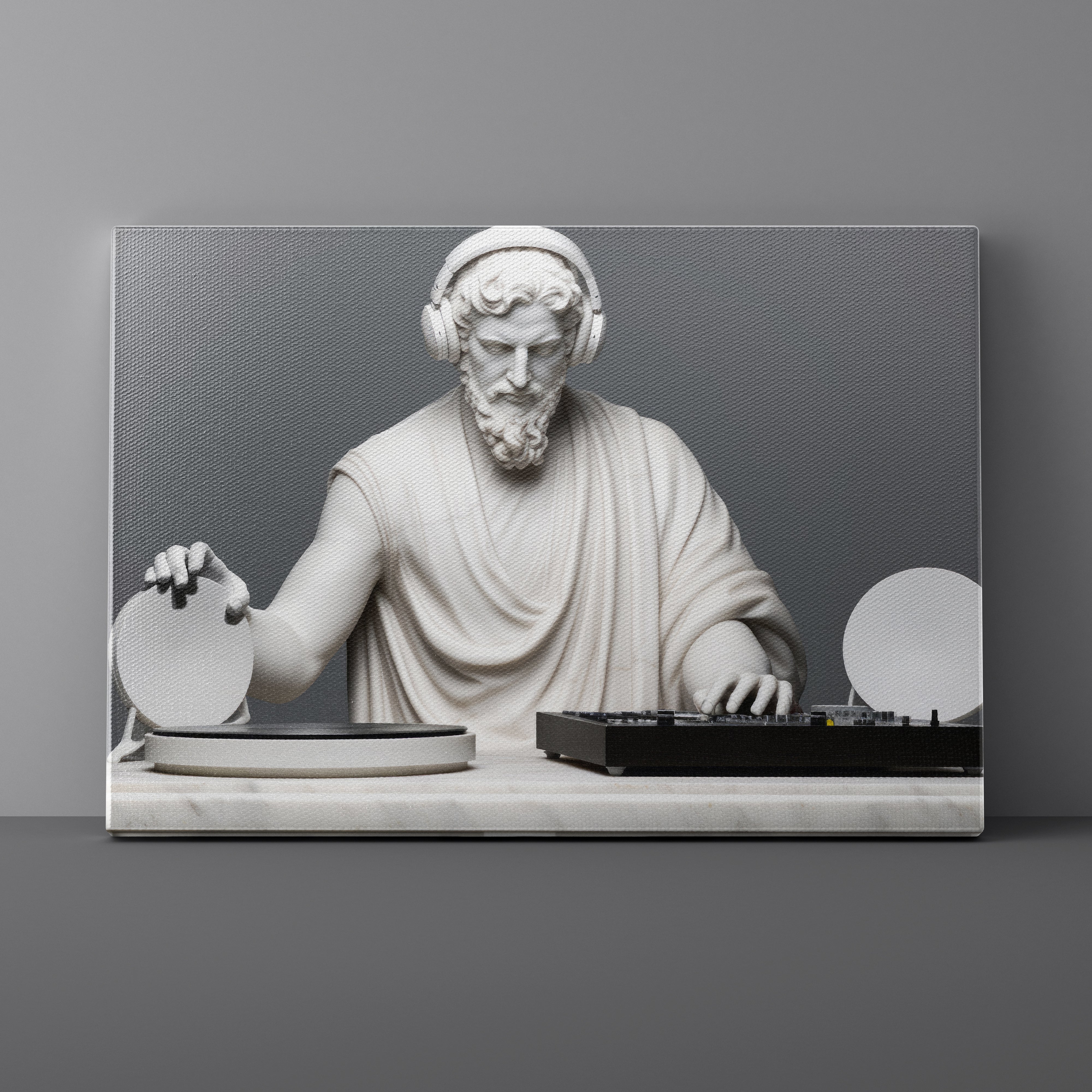 Statue of a classical figure wearing headphones and using DJ equipment on a gray background