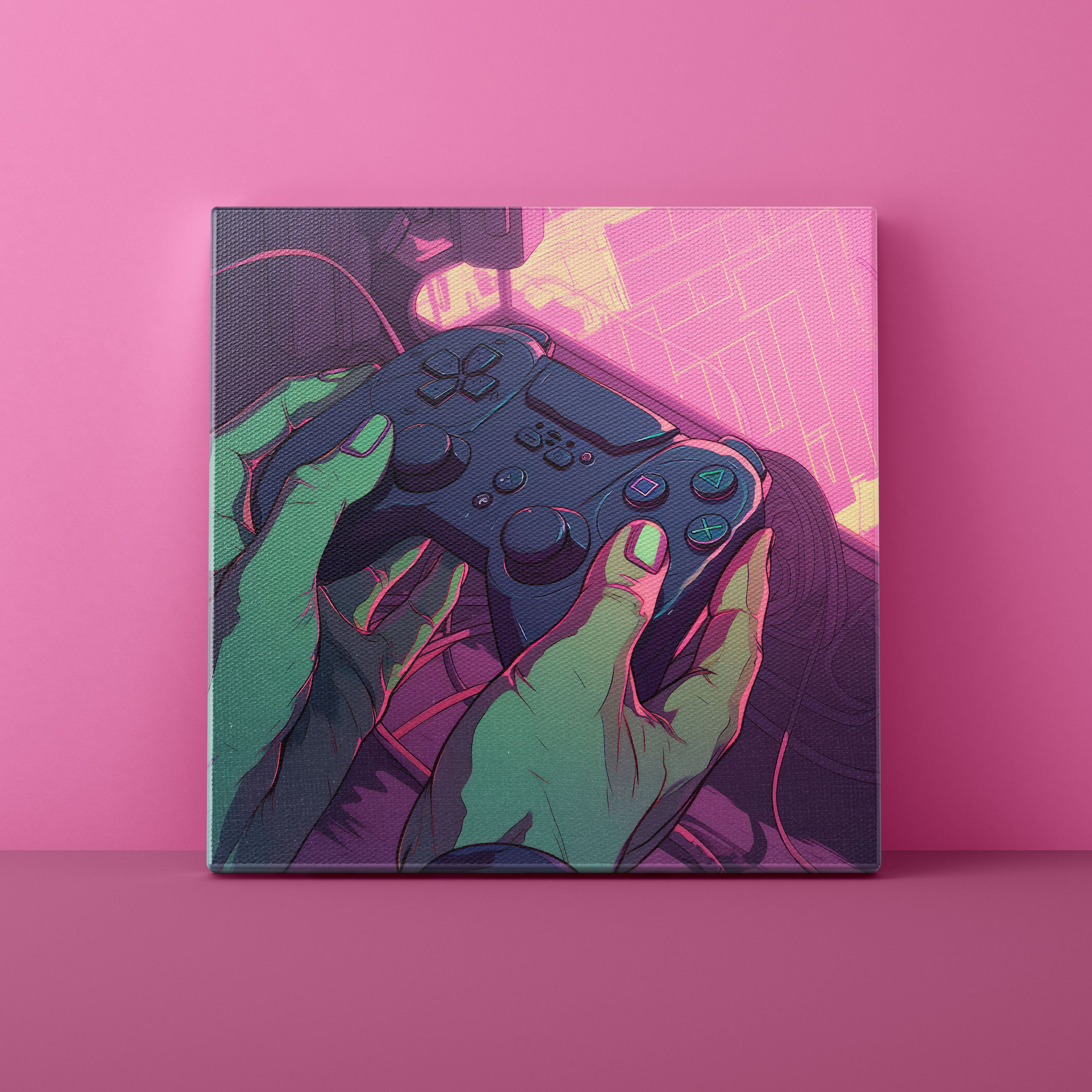 Canvas print of hands holding a gaming controller on a pink background