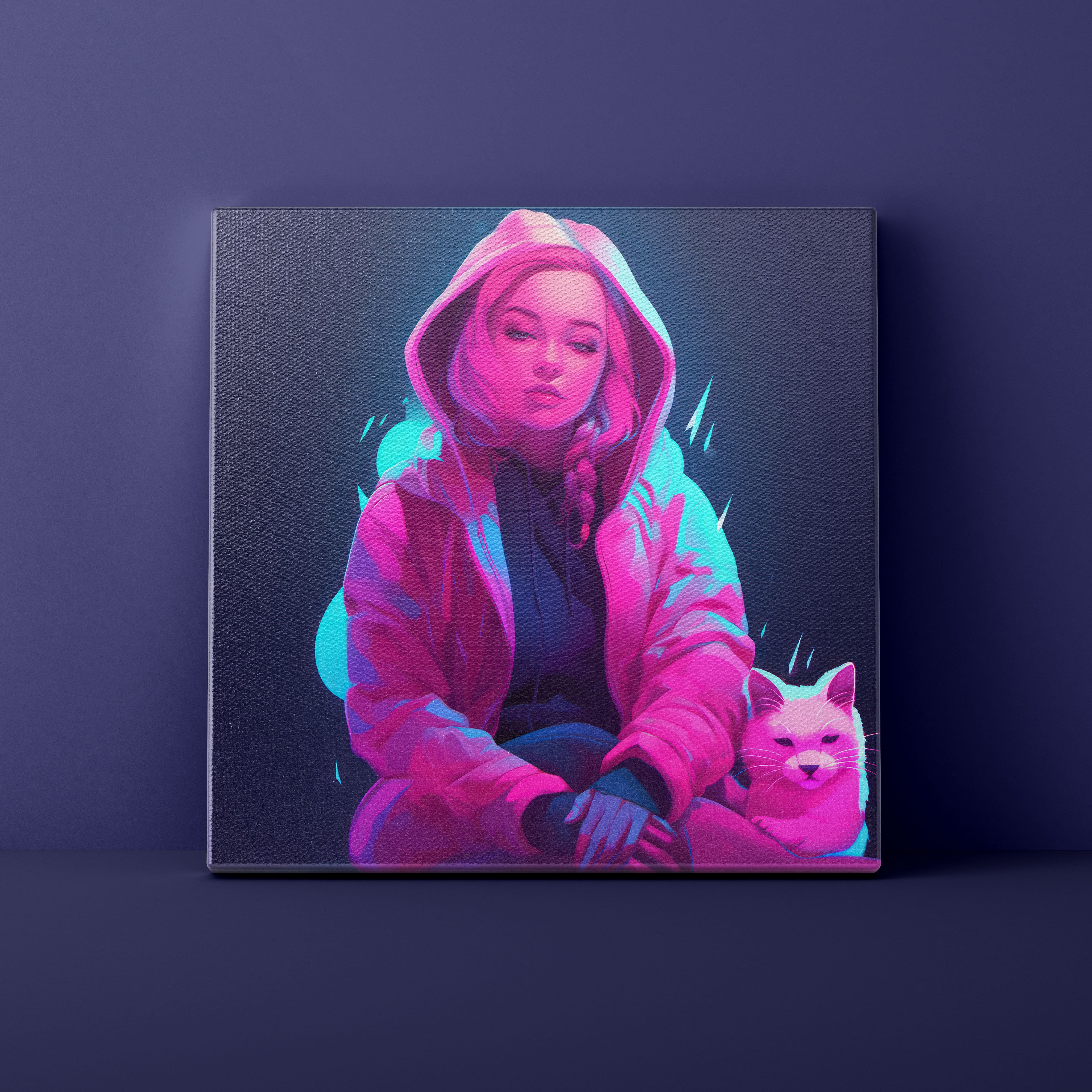 Canvas print of a person in a hoodie with a cat on a dark purple background