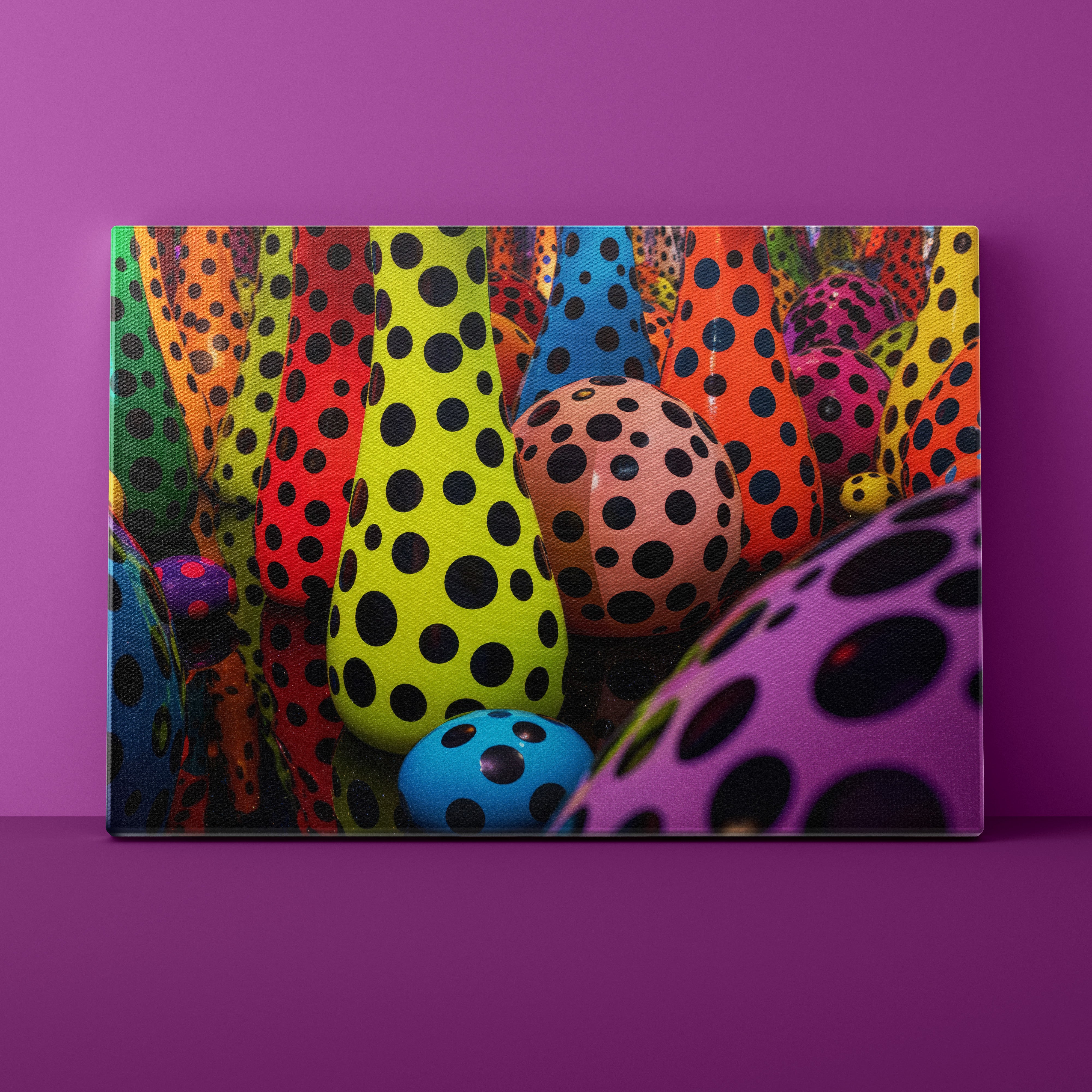 Colorful polka dot bottles on a purple background