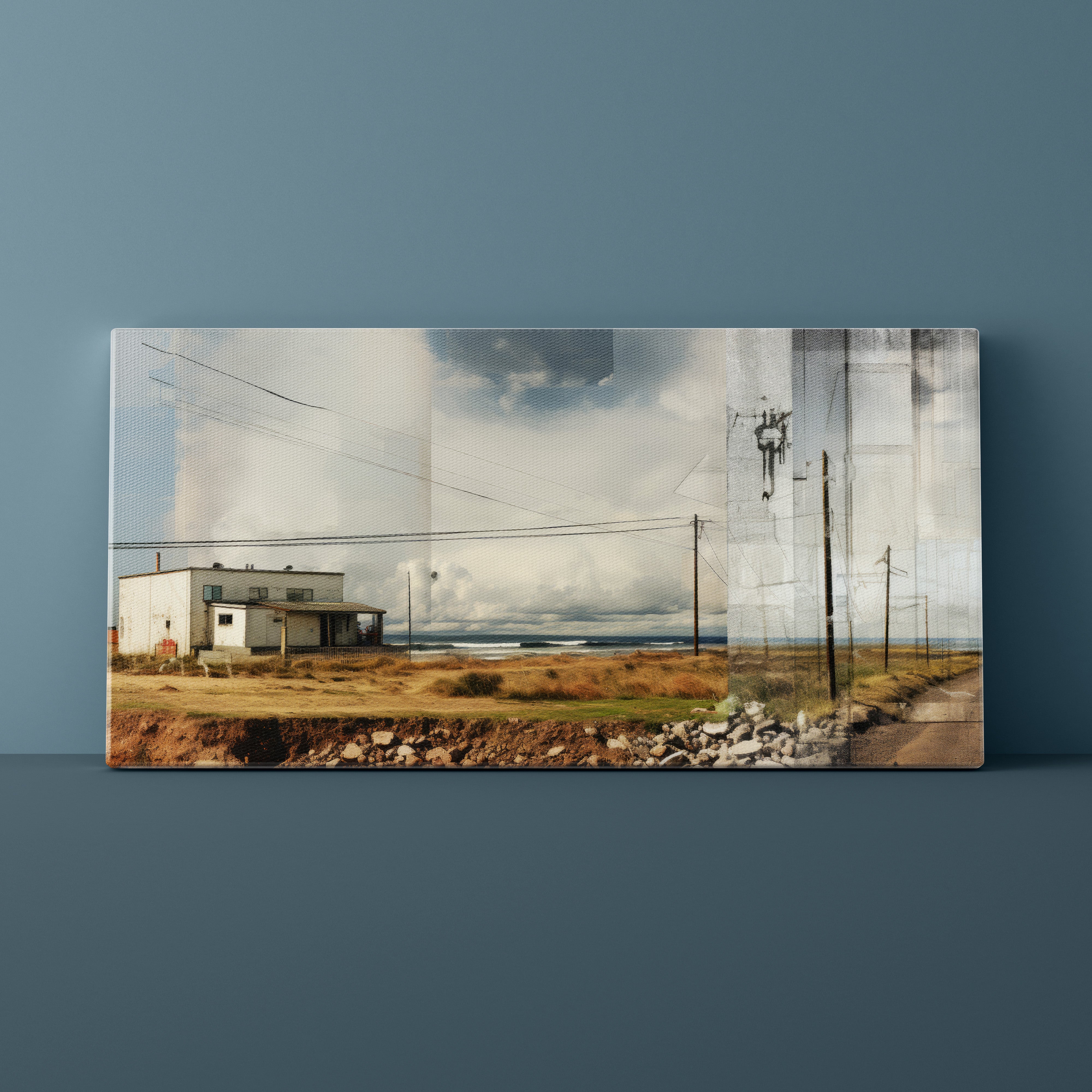 Canvas print of a landscape with a building and power lines against a blue wall.