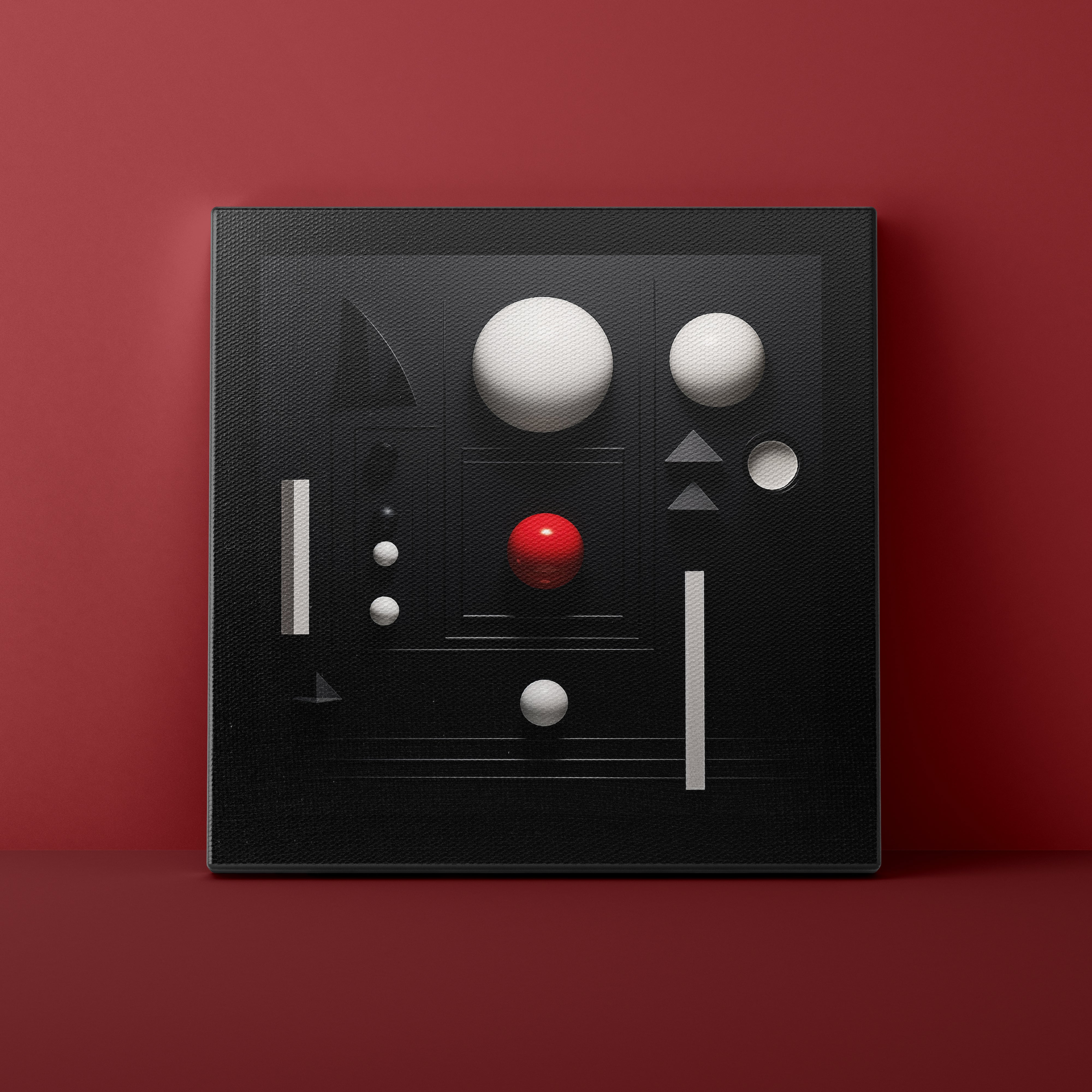 Black textured panel with geometric shapes on a red background