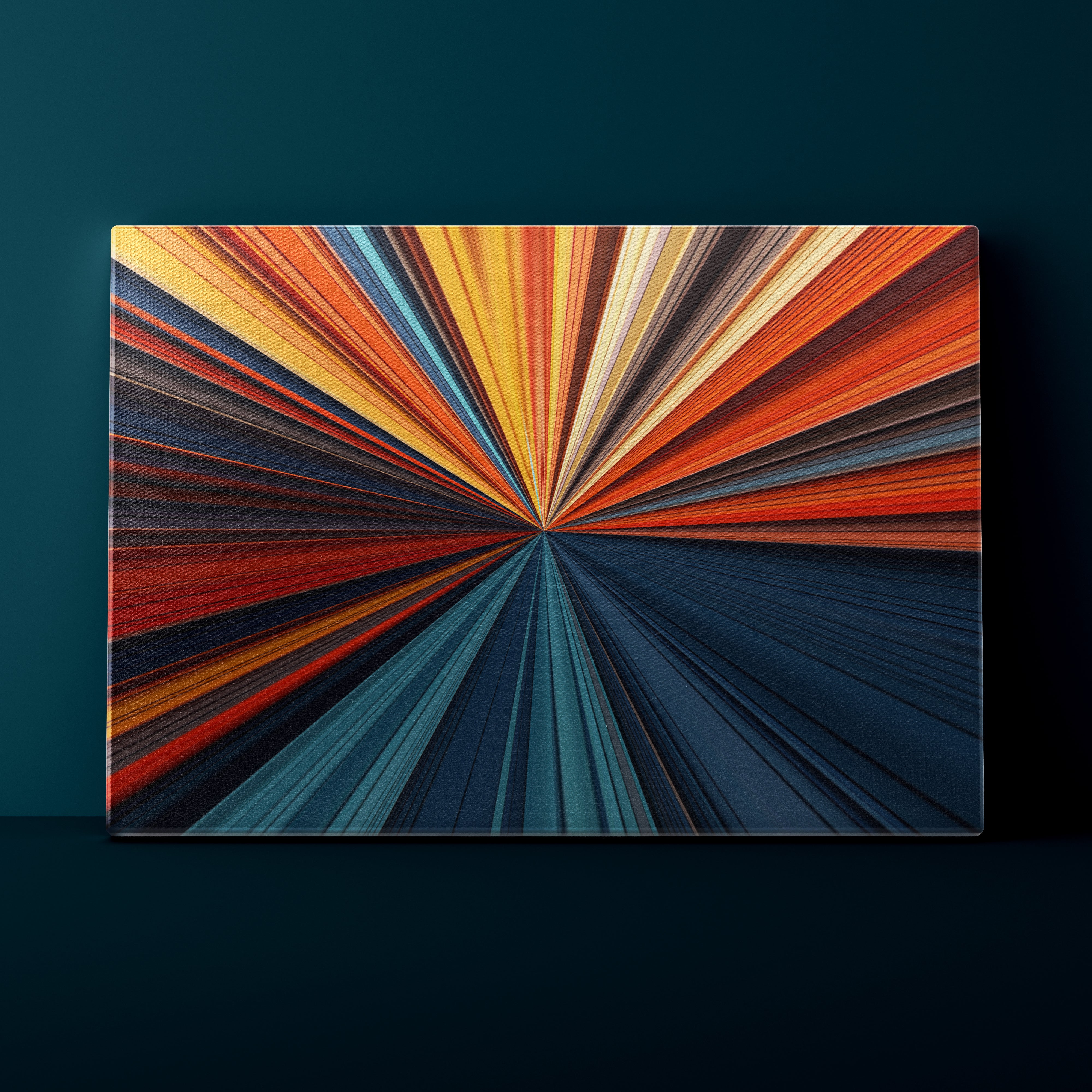 Abstract art piece with radiating colorful lines on a dark background