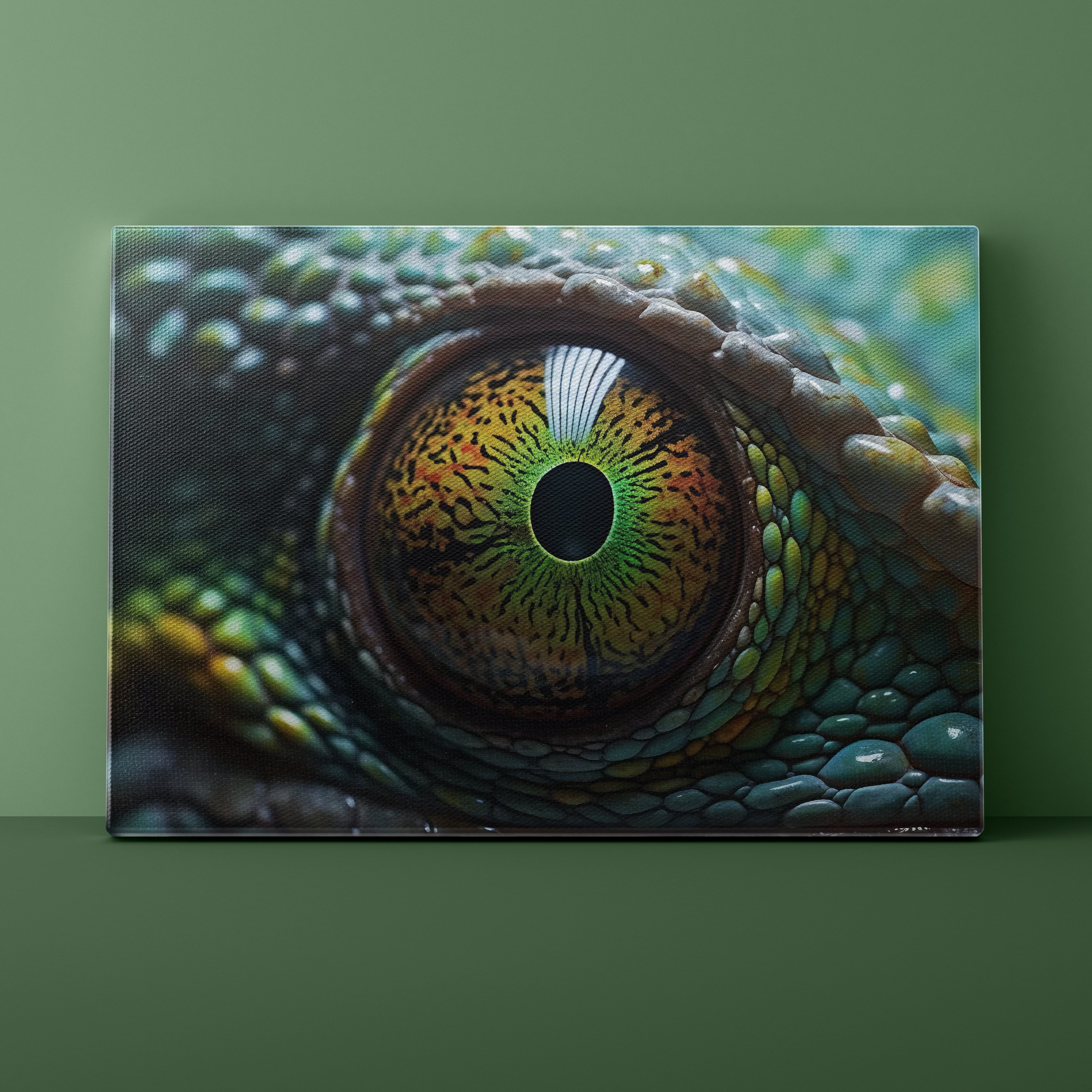 Close-up of a Chameleon's eye on a green background