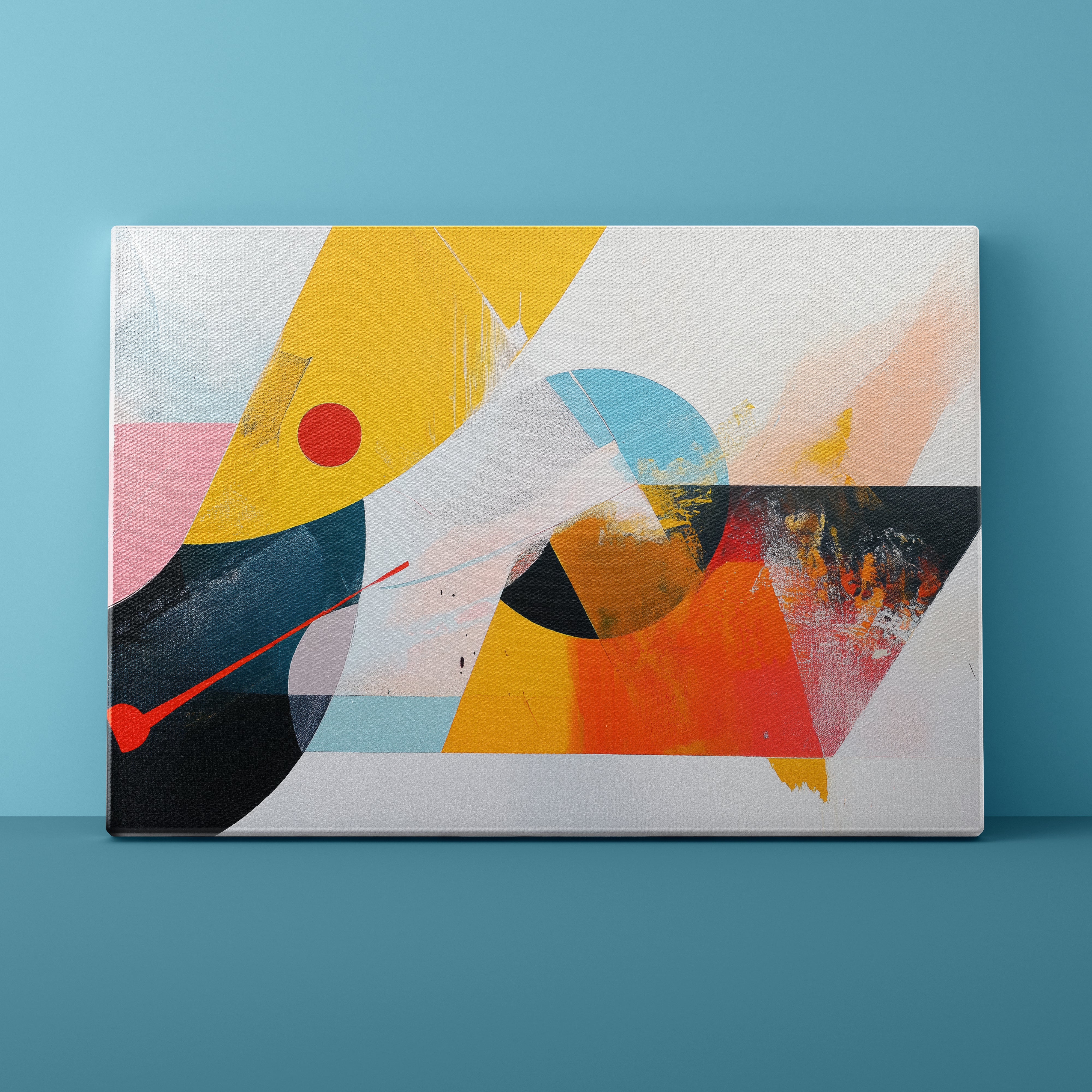 Abstract art canvas with geometric shapes on a blue wall