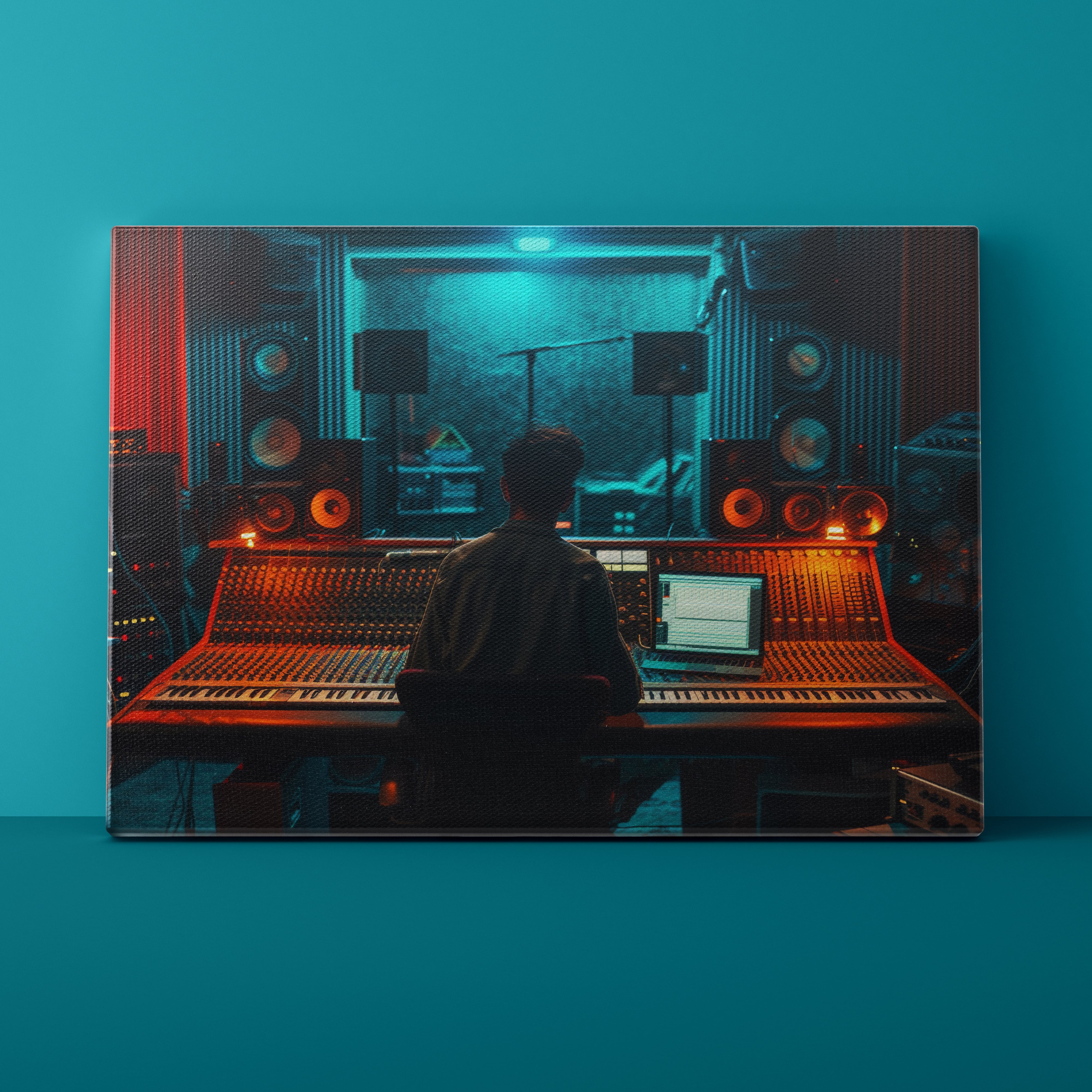Person sitting at a mixing console in a dimly lit music studio with blue walls.