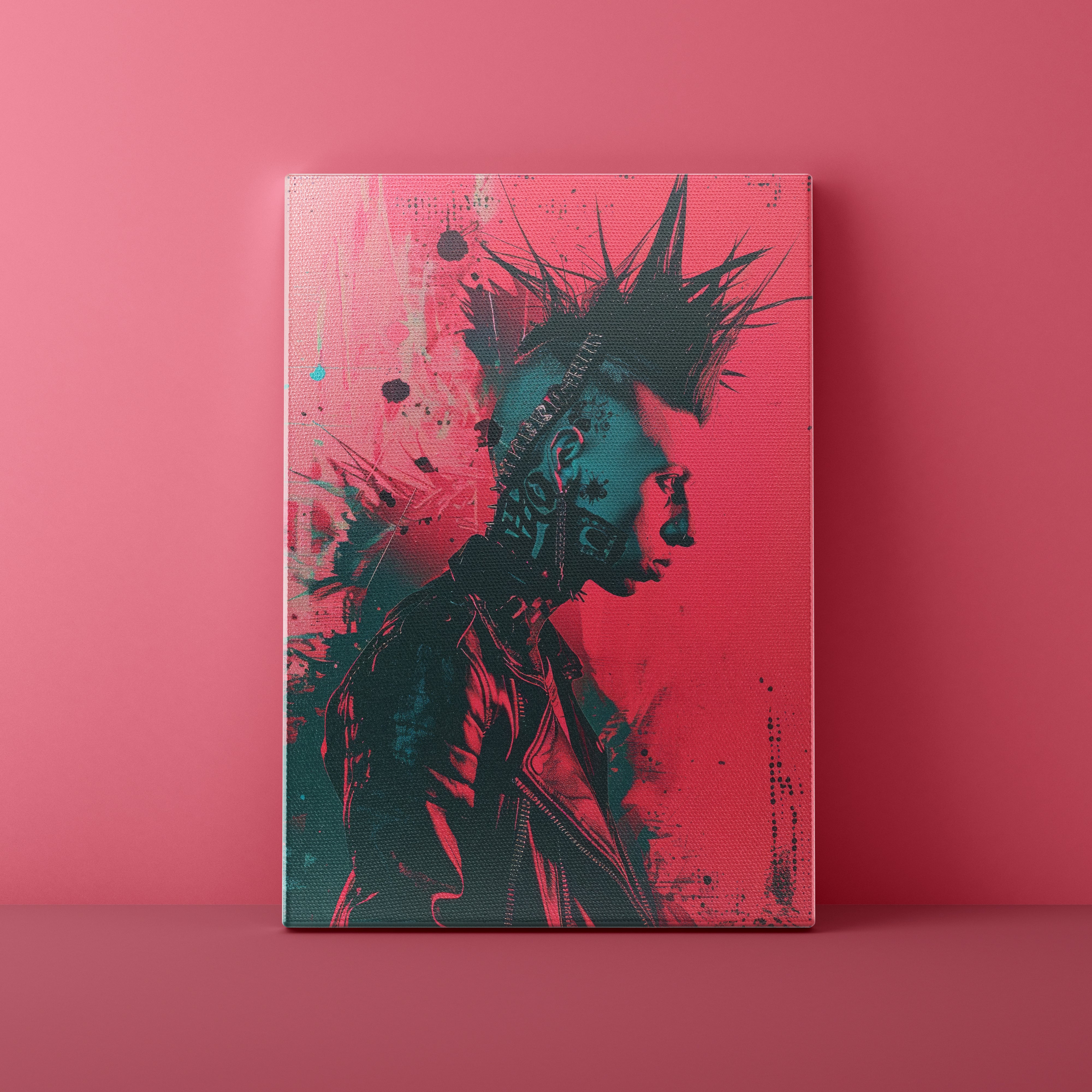Canvas print with a stylized portrait on a pink background