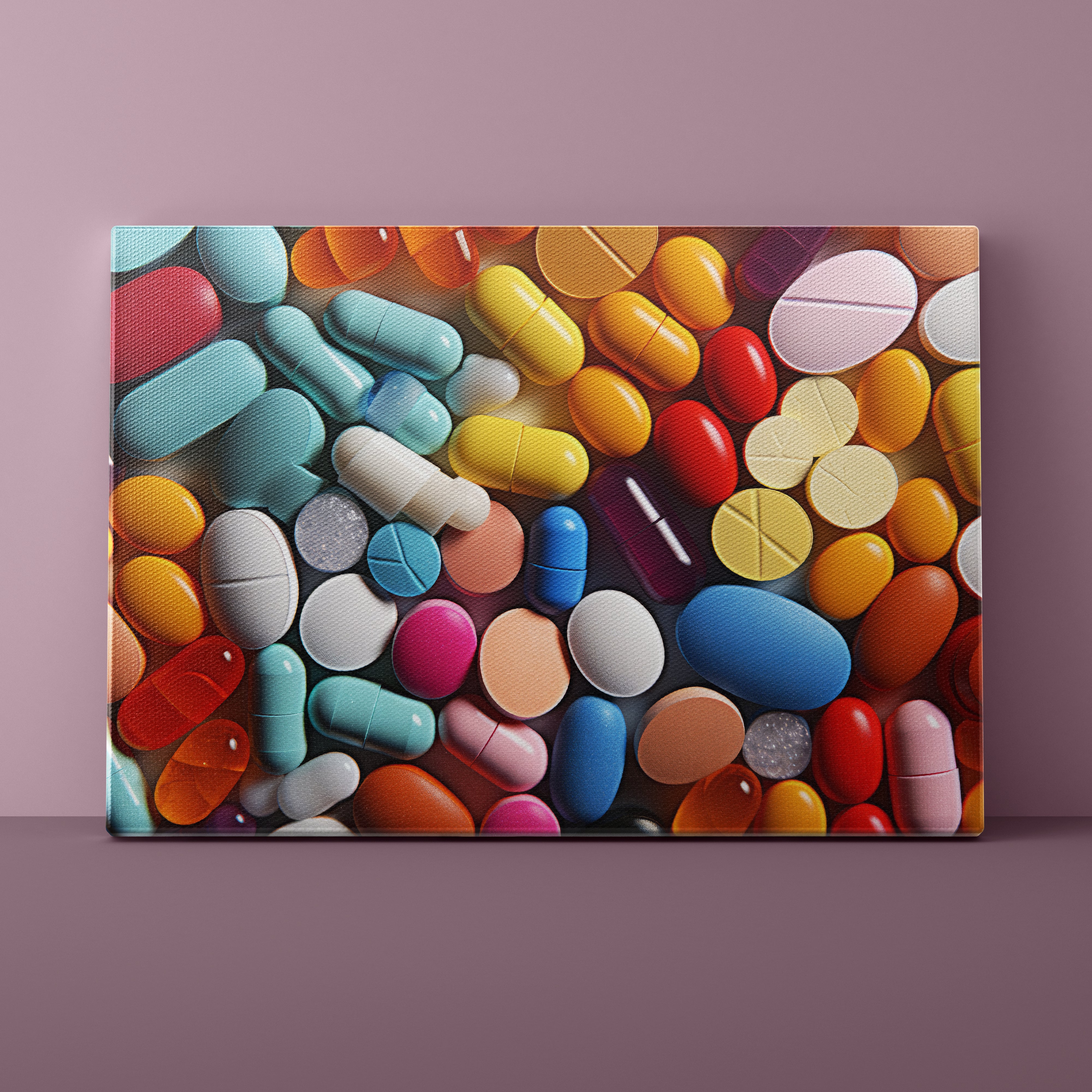 Canvas print of colorful assorted pills on a purple background