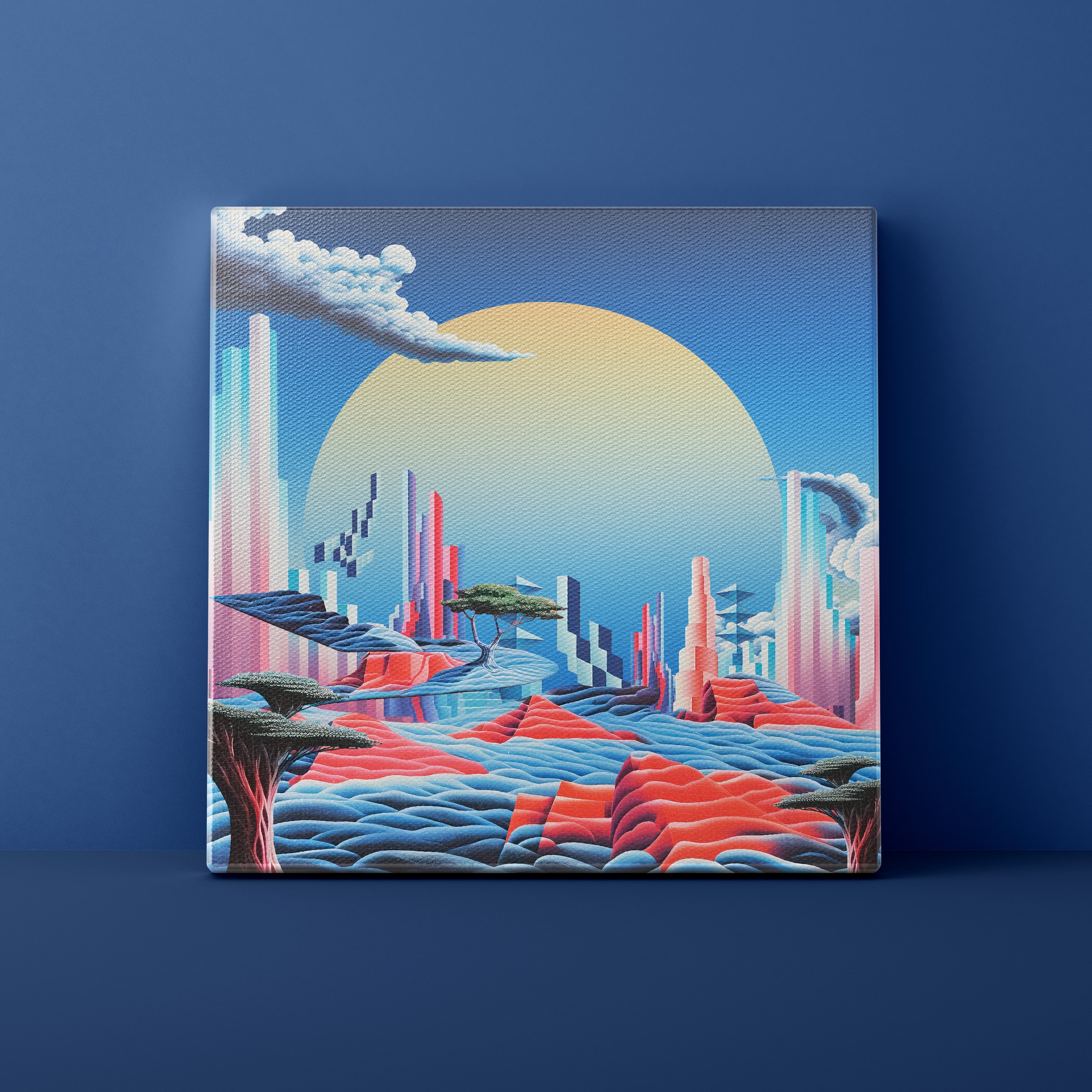 Canvas print of a futuristic landscape with a large sun on a blue background