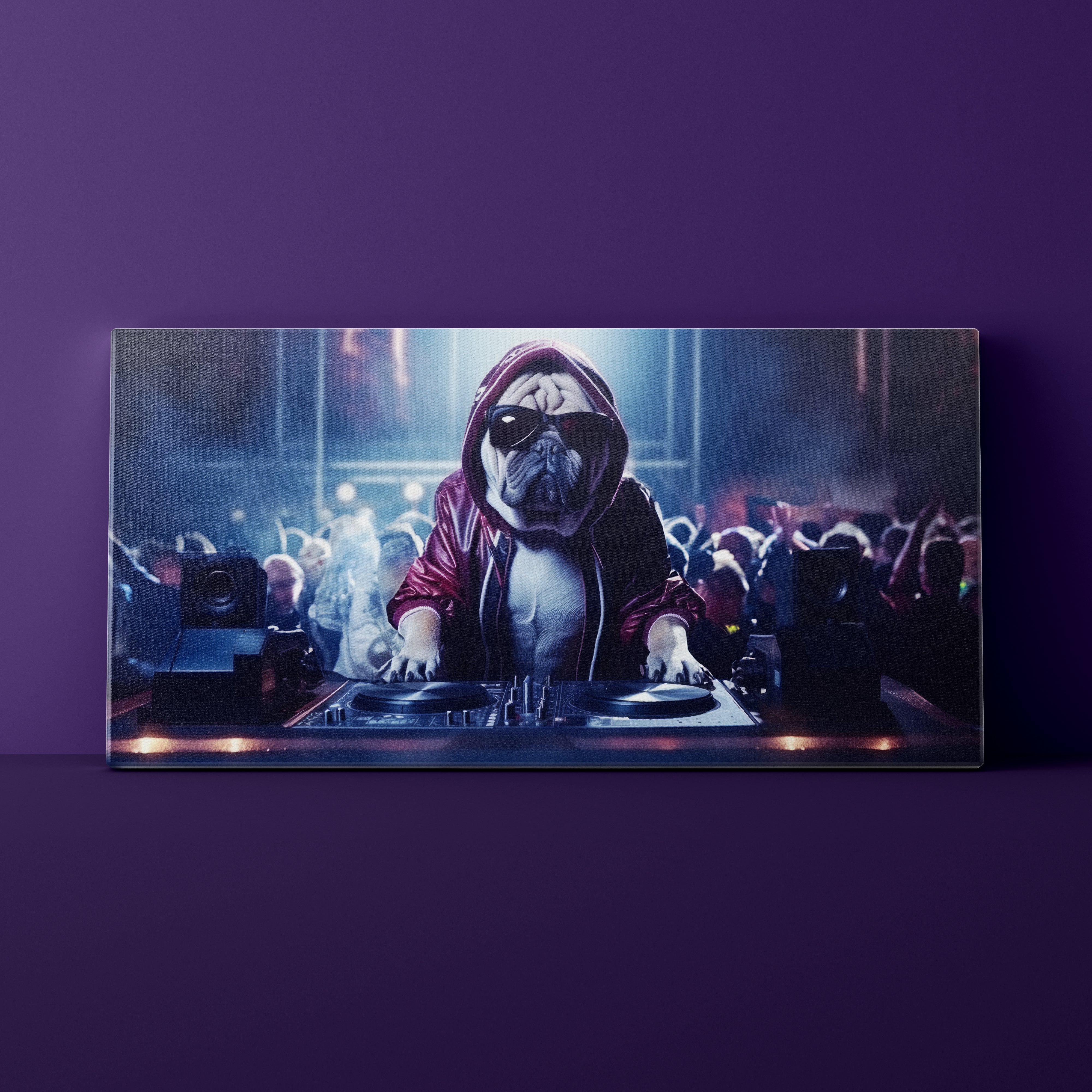 Dog in a hoodie and sunglasses DJing at a concert on a purple background
