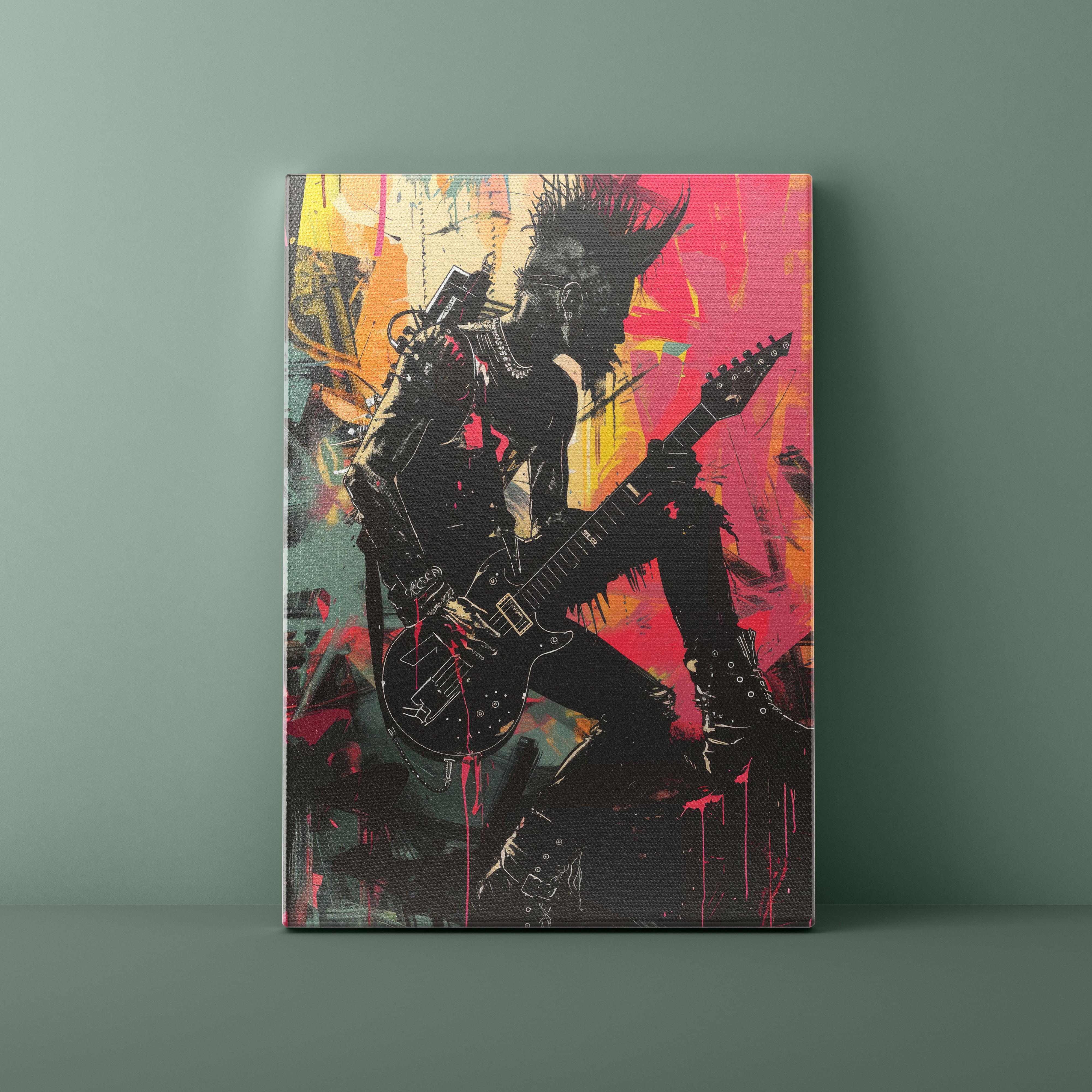 Canvas print of a musician playing guitar with abstract colorful background