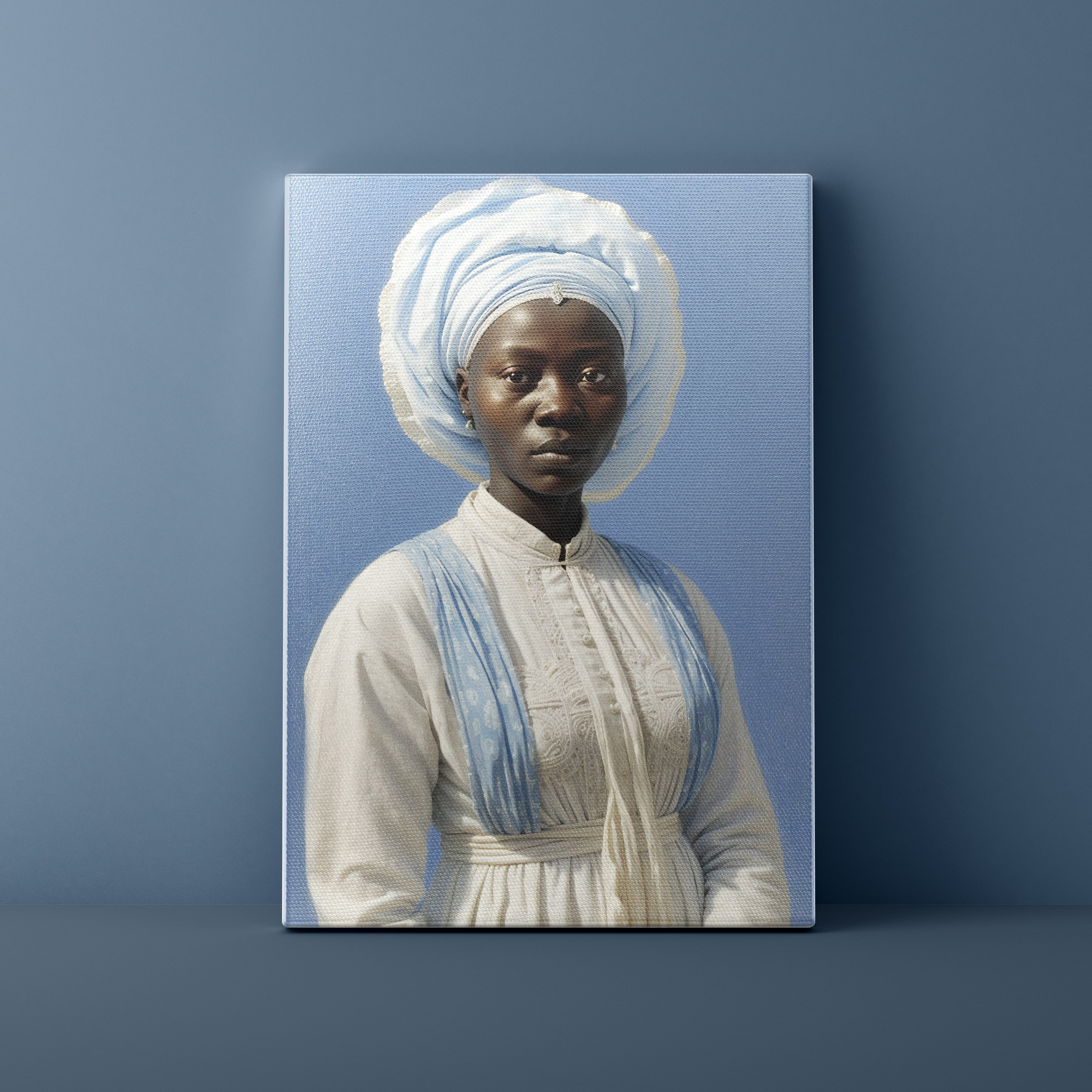 Canvas print of a person wearing a white dress and headscarf against a blue background