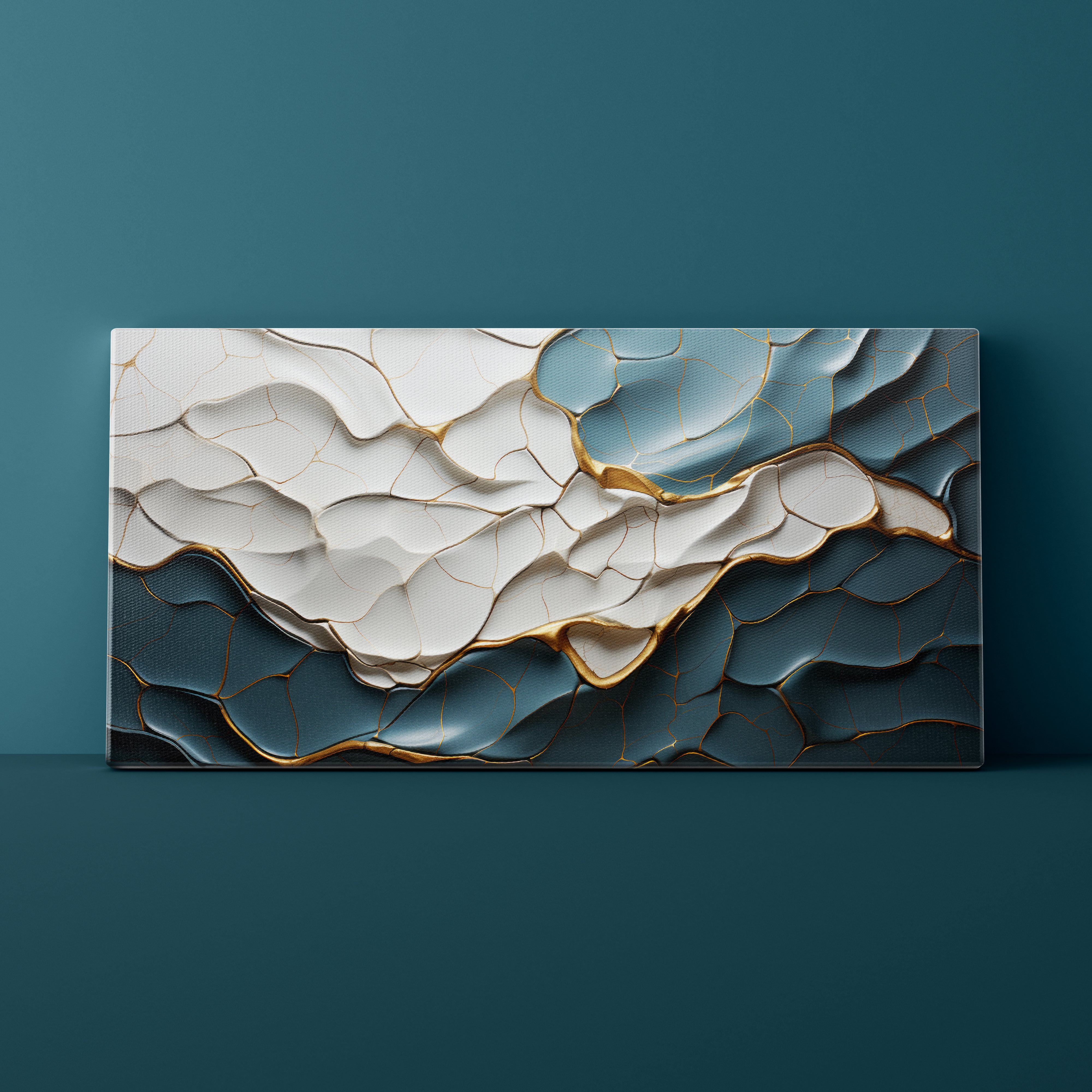 Decorative wall art with wavy patterns in white, blue, and gold on a teal background