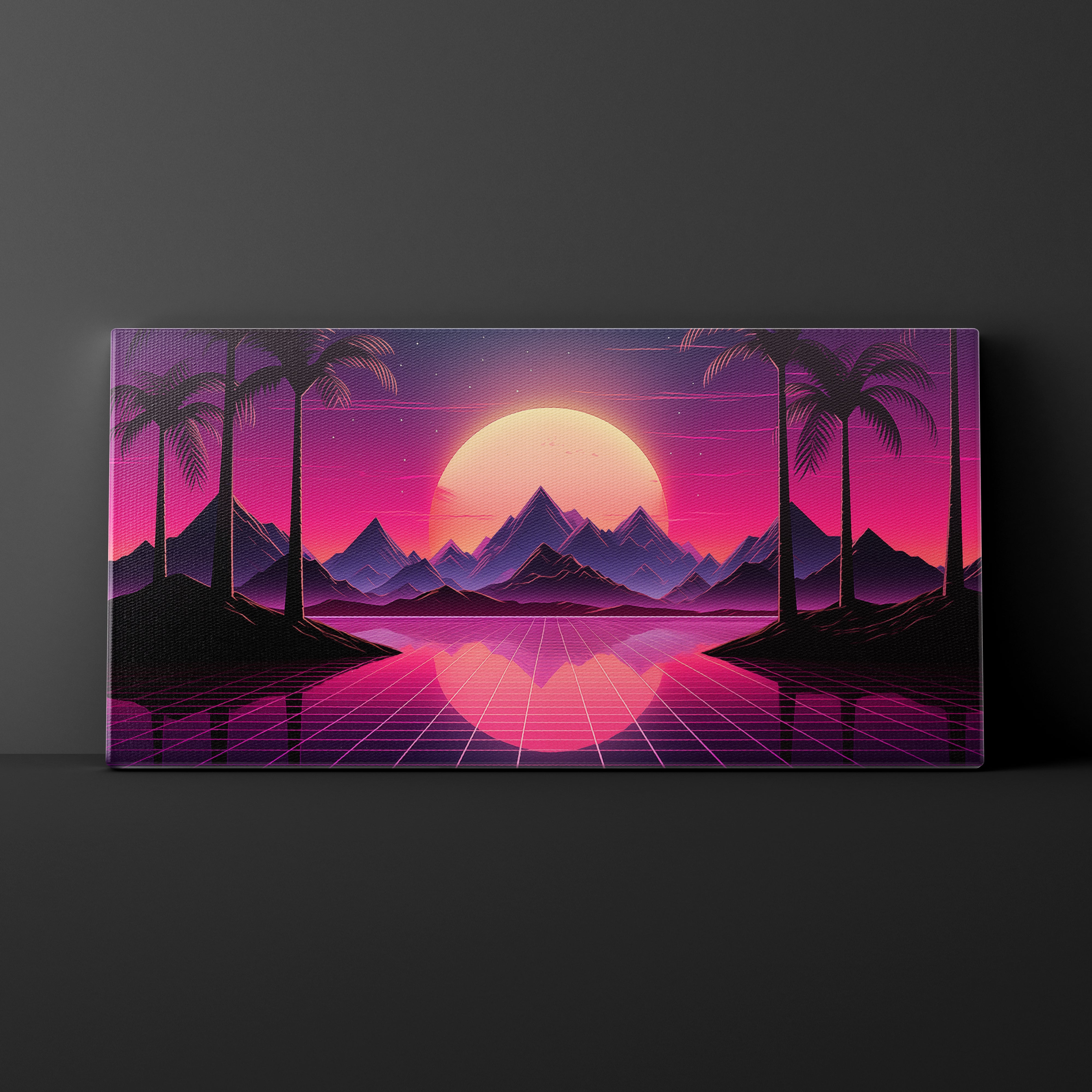 Canvas print with a futuristic landscape featuring palm trees, mountains, and a glowing sun on a dark background.