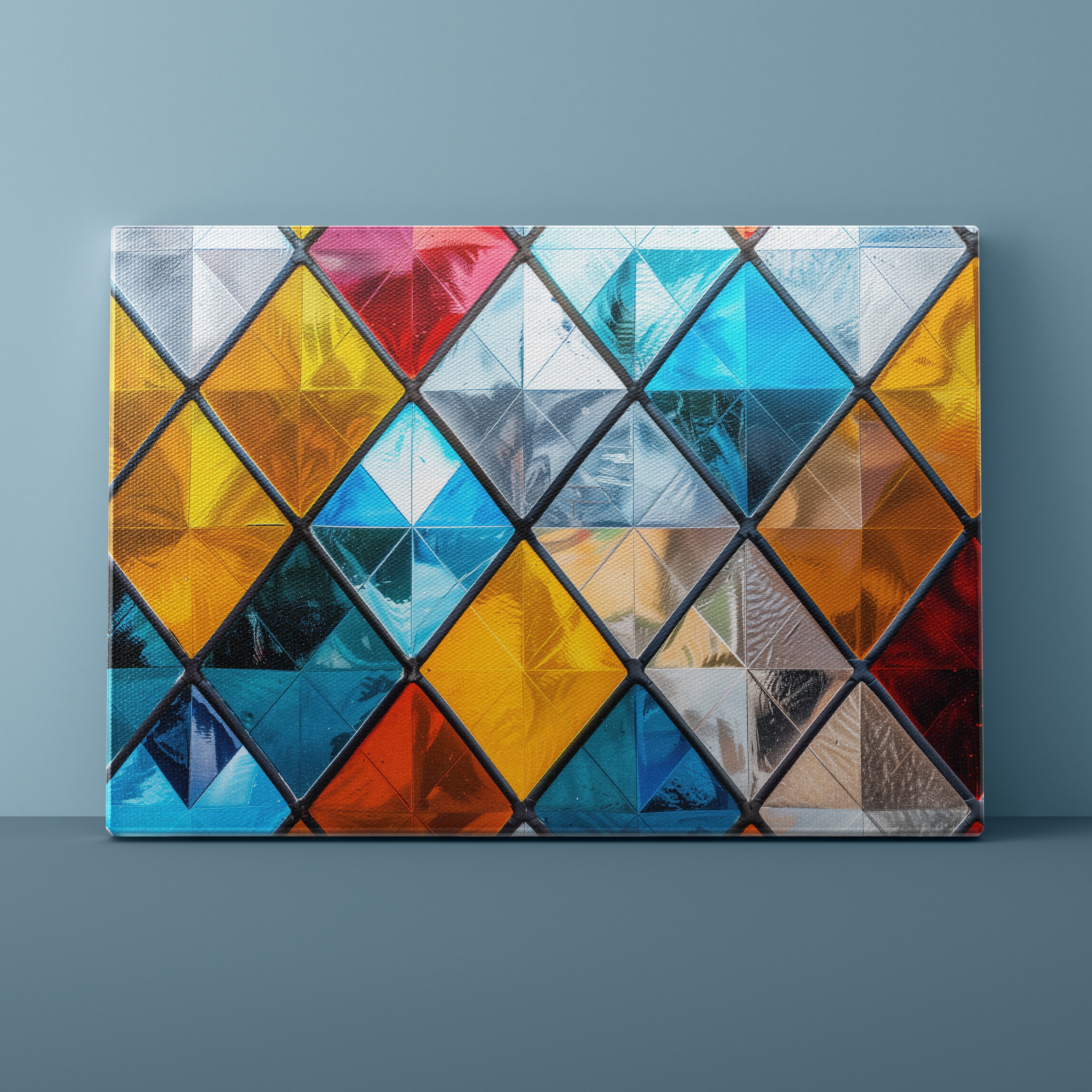 Colorful geometric diamond pattern on a textured surface against a blue background