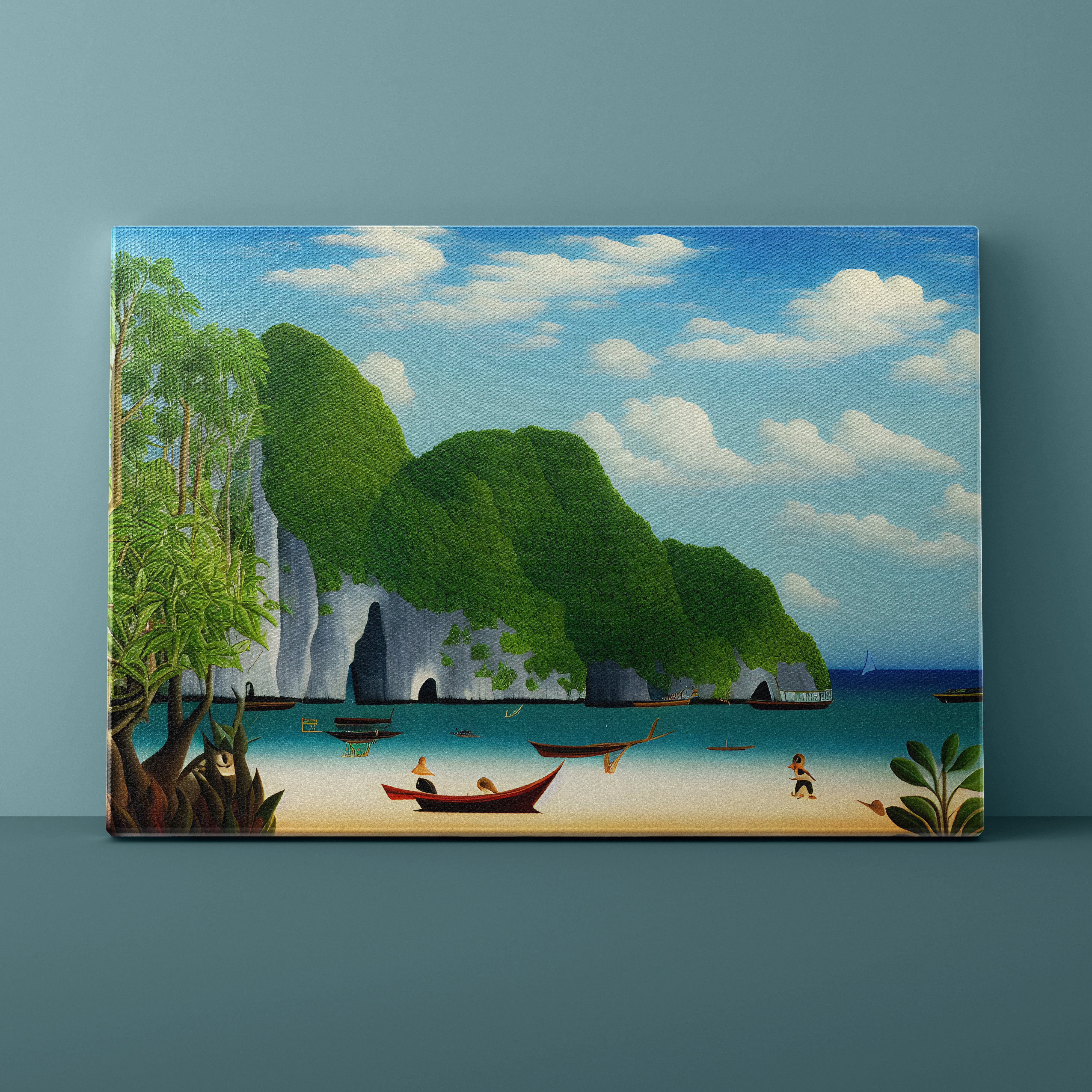 Landscape with green cliffs, a beach, and boats in a stylized painting.