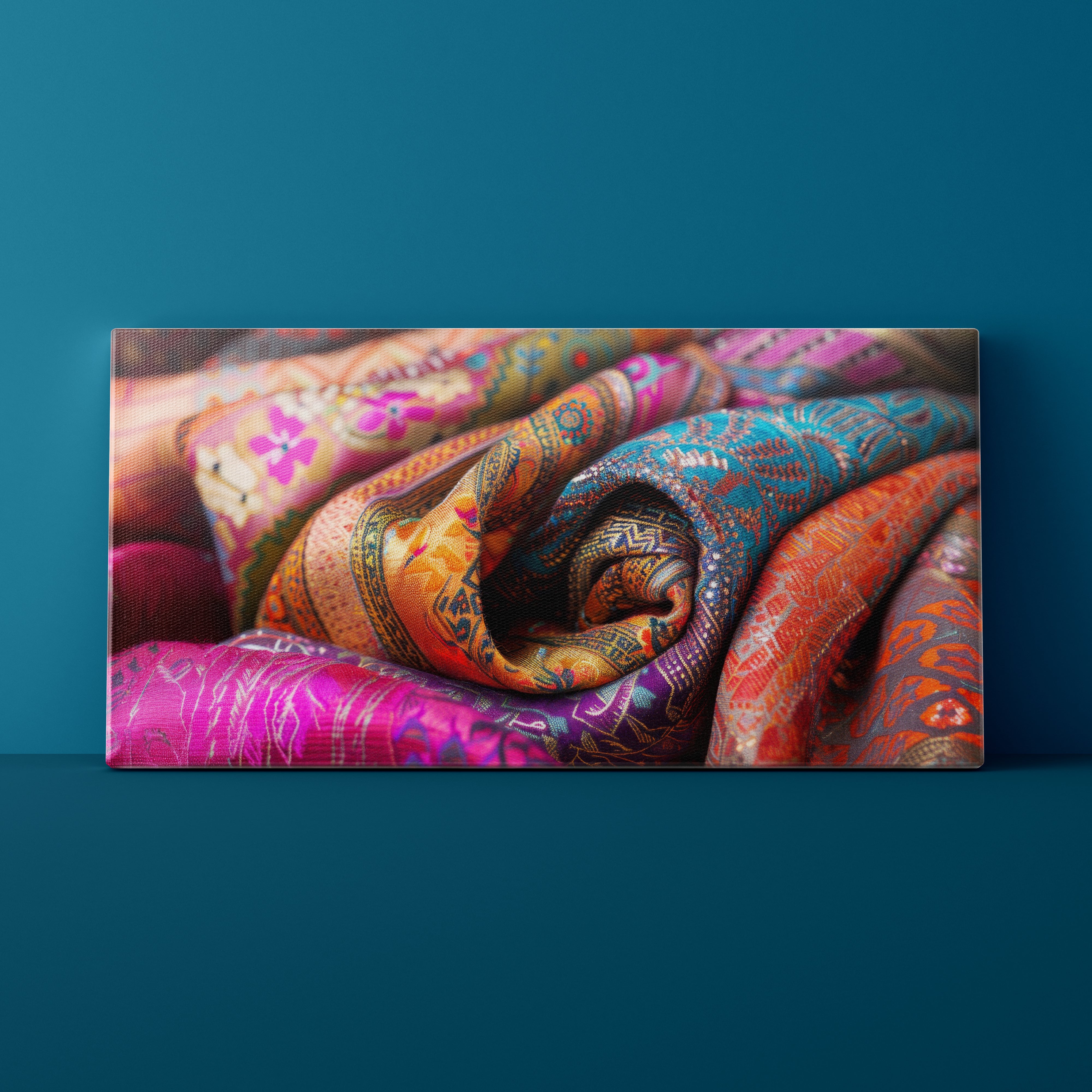 Colorful patterned fabric rolls against a teal background