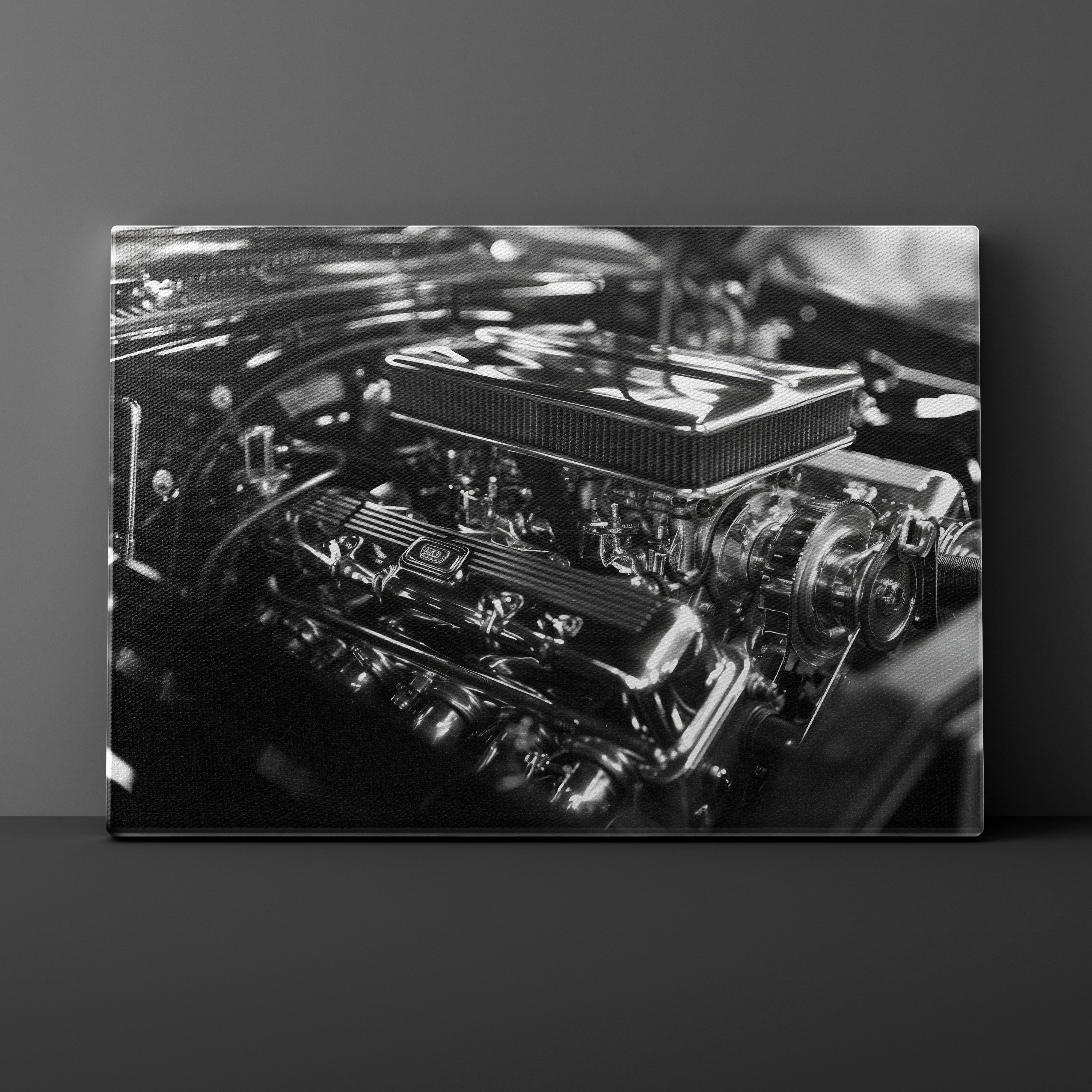 Close-up of a car engine on a dark background