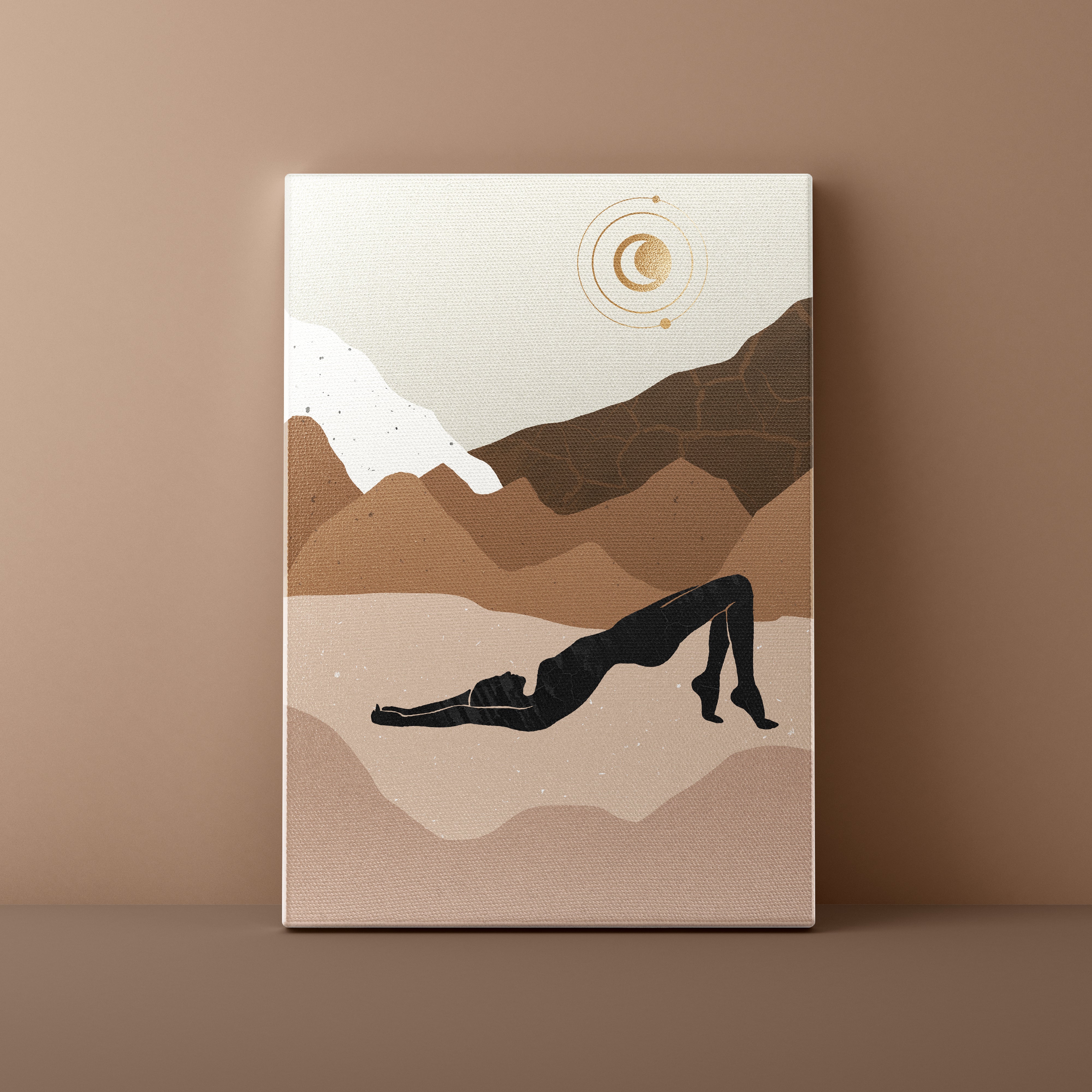 Canvas print with a silhouette of a person in a yoga pose against a mountainous landscape on a beige background.