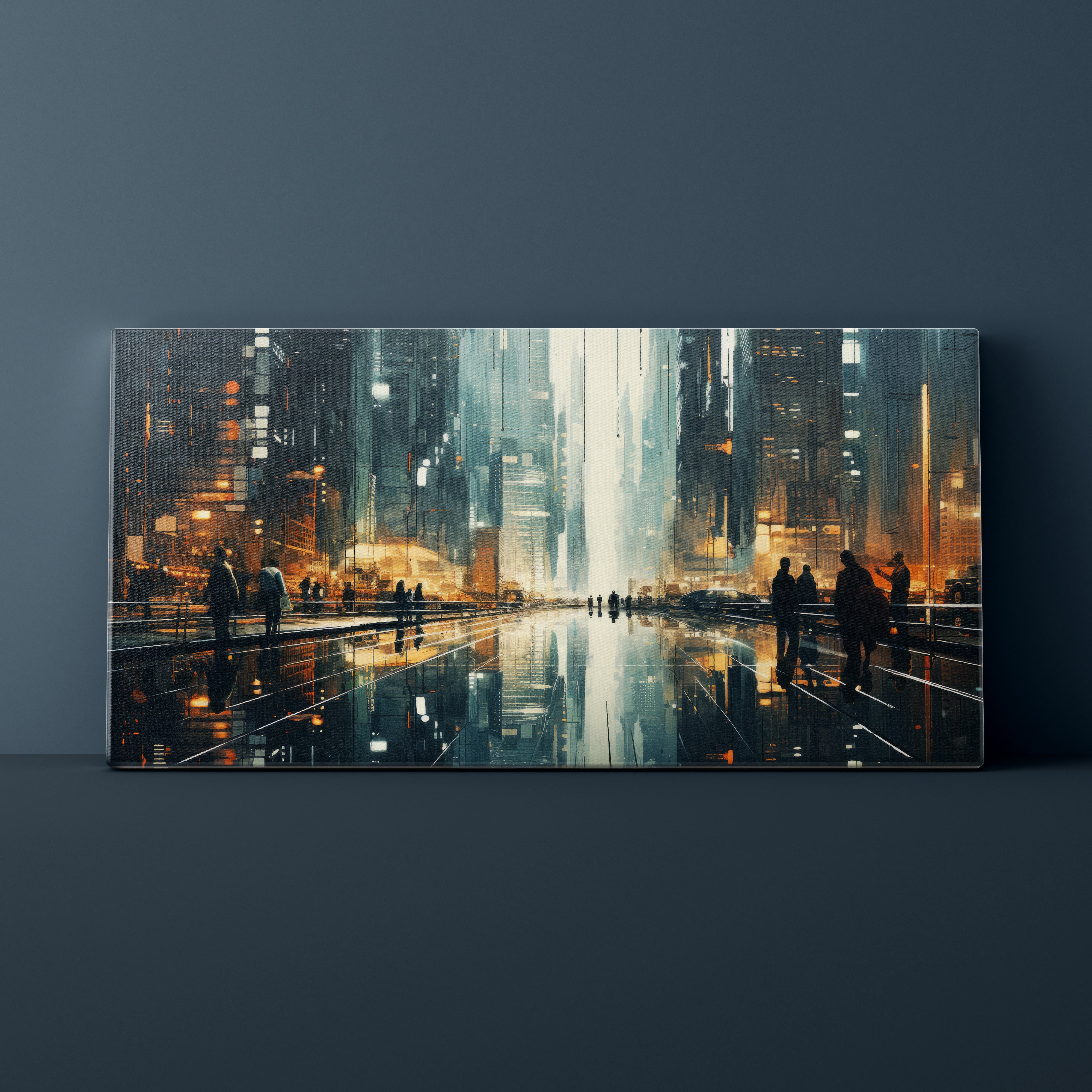 Futuristic cityscape painting on a dark wall