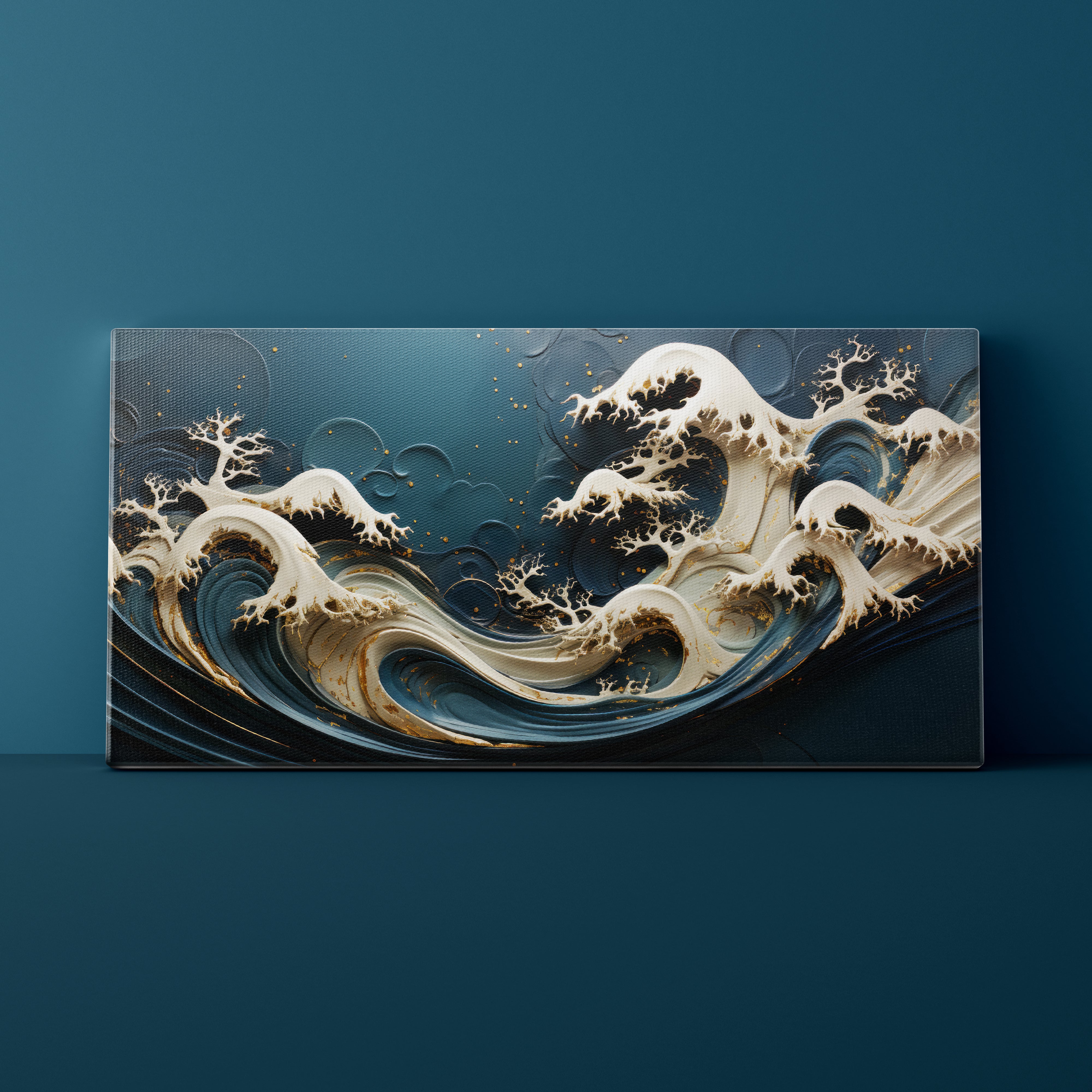 Decorative wall art with stylized waves on a dark blue background