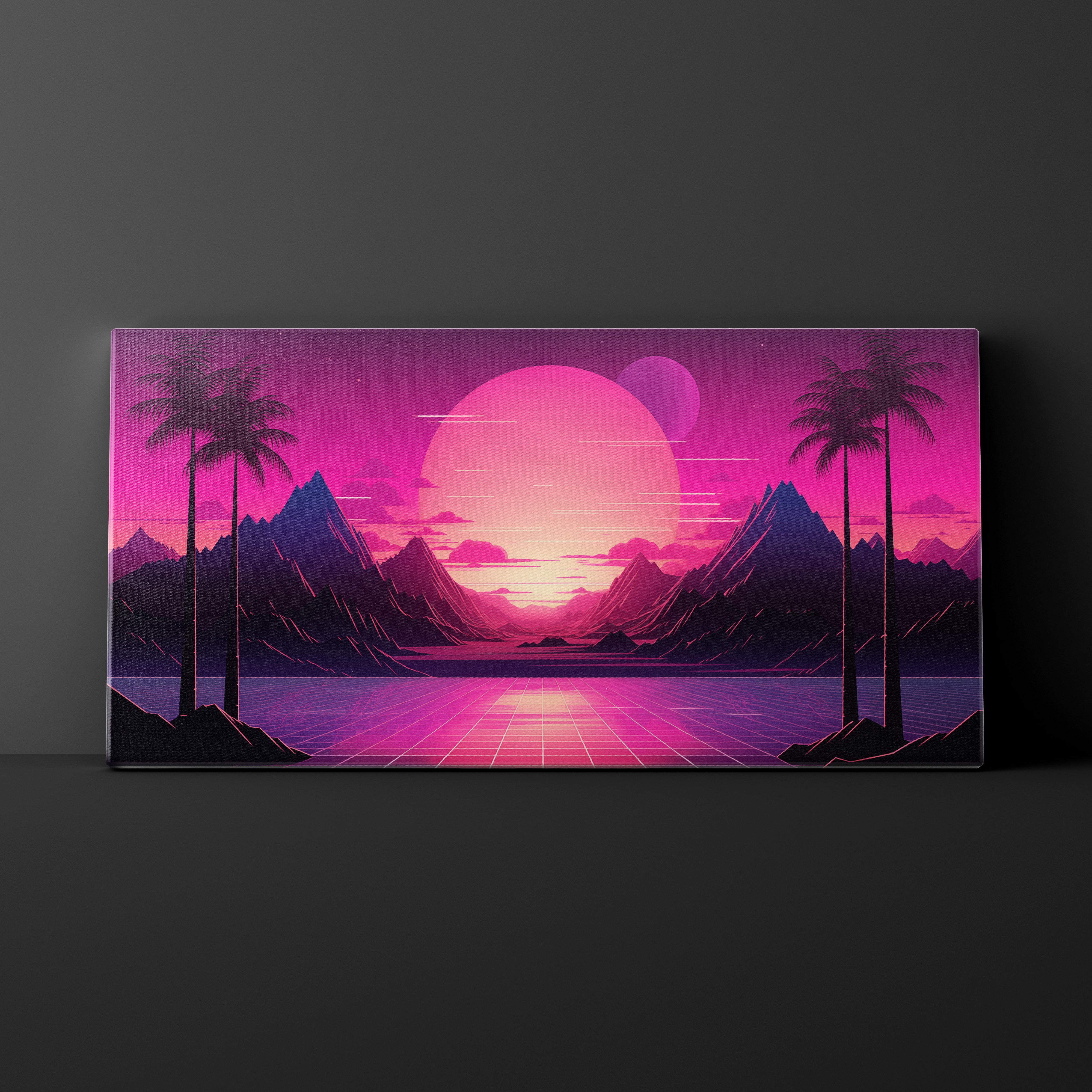 Canvas print with a futuristic landscape featuring a pink sun, mountains, and palm trees on a dark background.