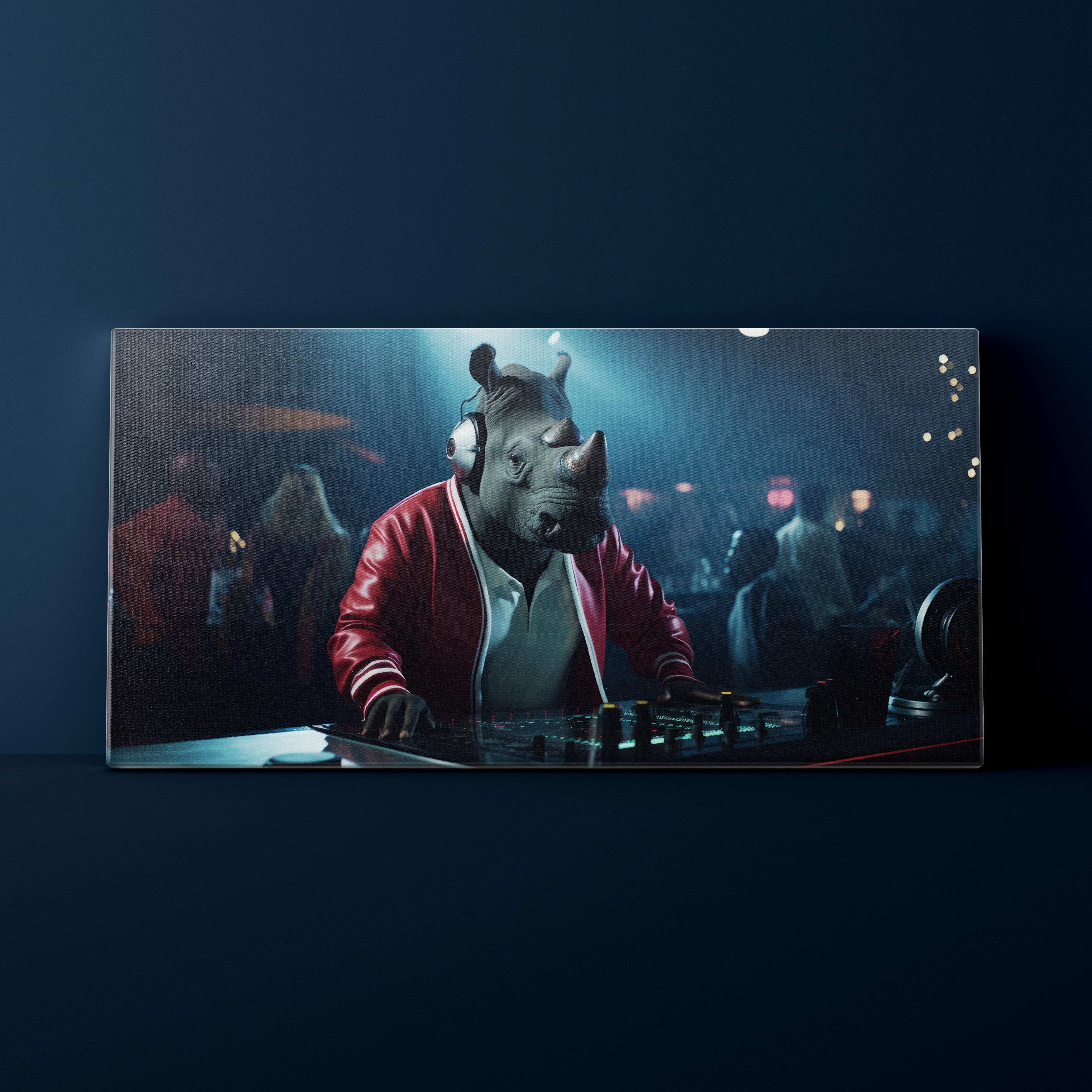 Person wearing a rhino mask and red jacket in a bar setting
