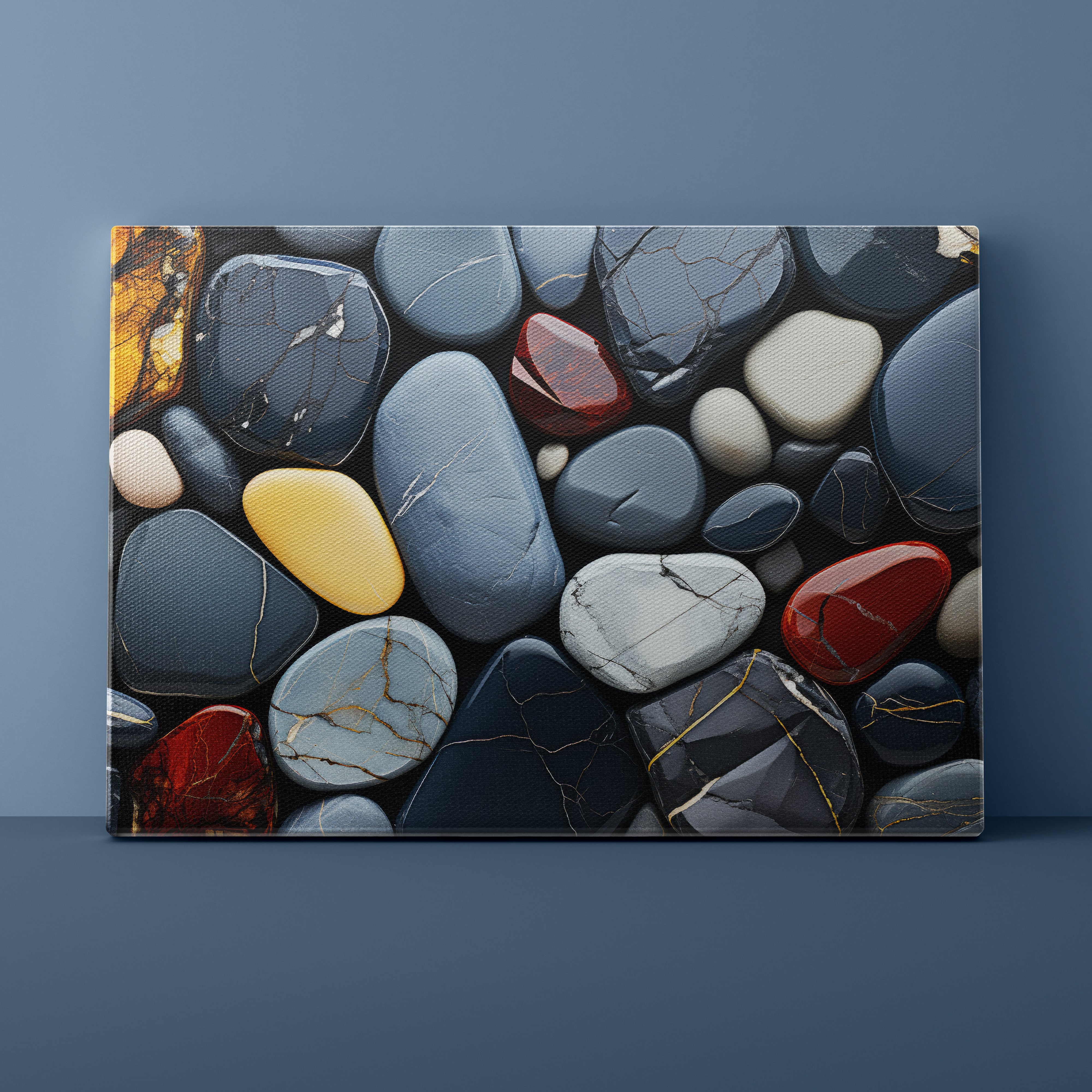 Canvas print of pebbles with a blue background