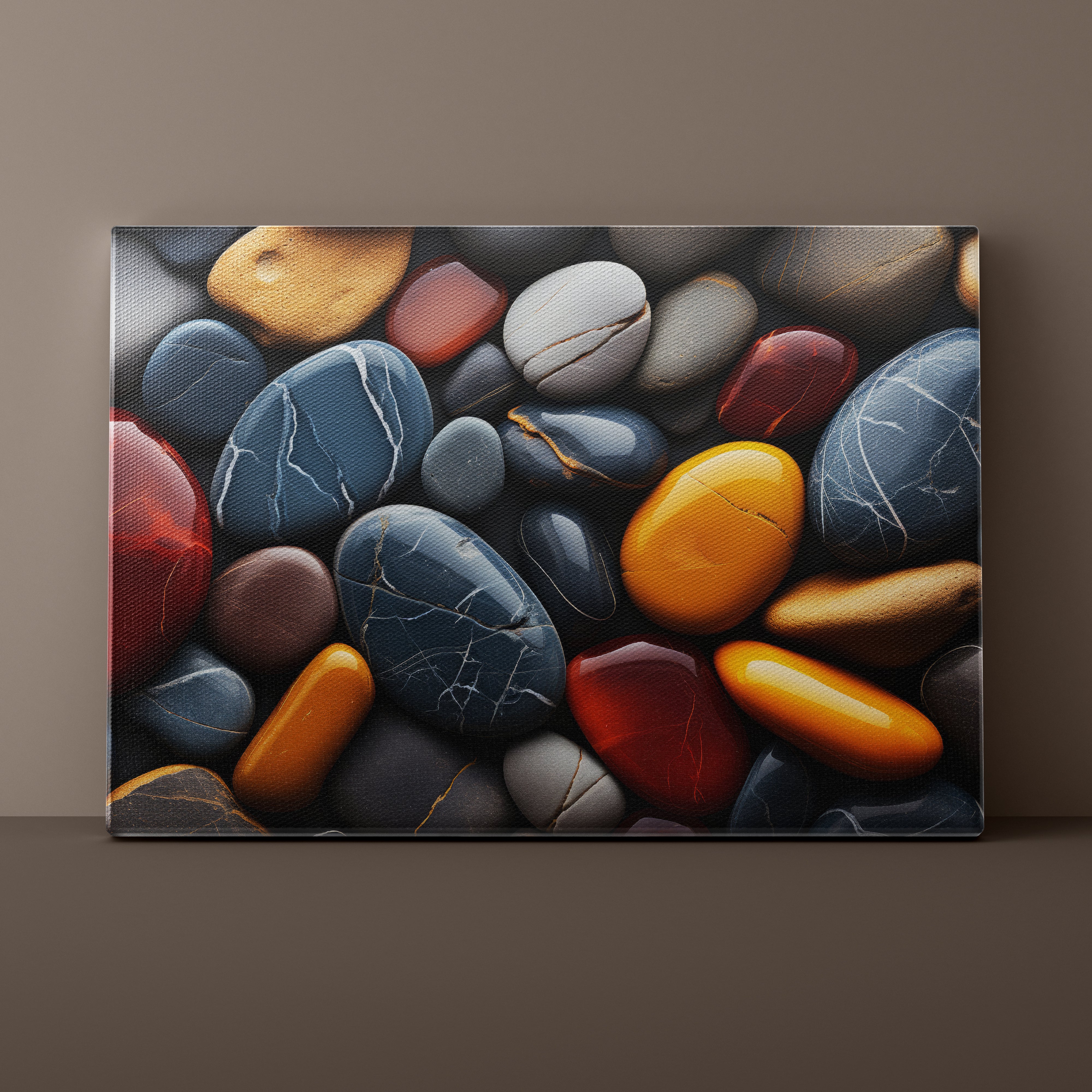 Canvas print of colorful pebbles against a brown background