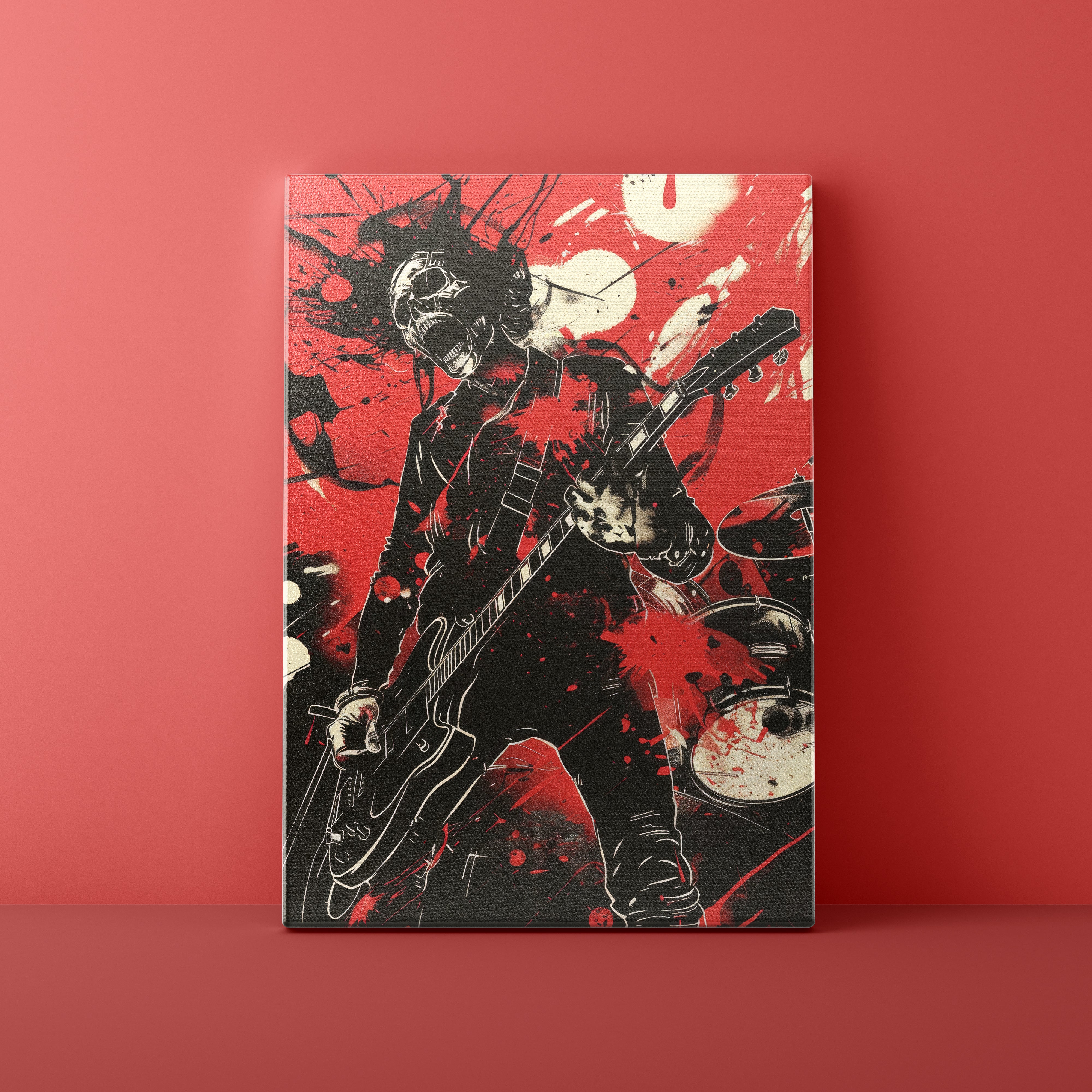 Notebook with a black and white illustration of a musician playing guitar on a red background