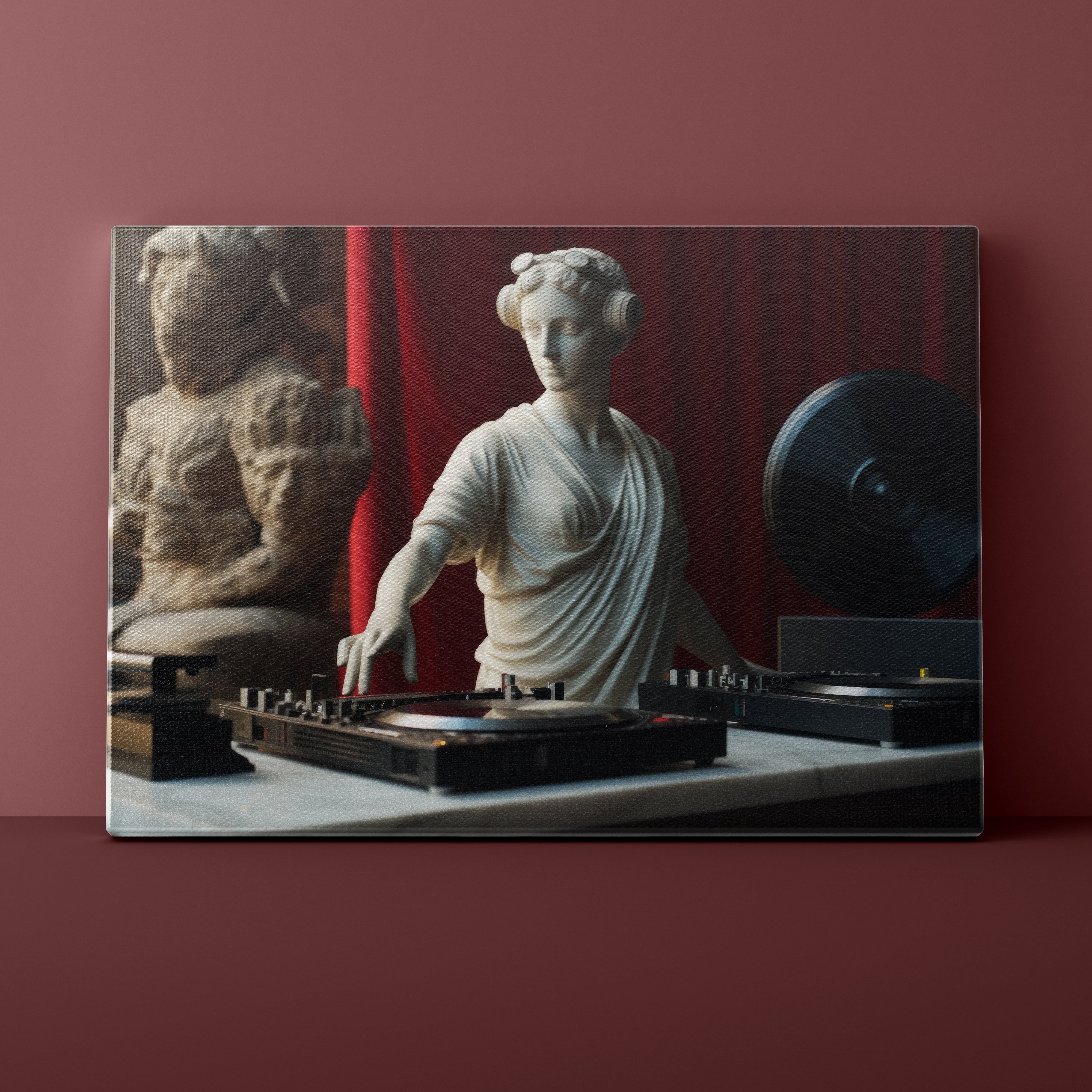 Statue of a woman operating DJ equipment against a red curtain background
