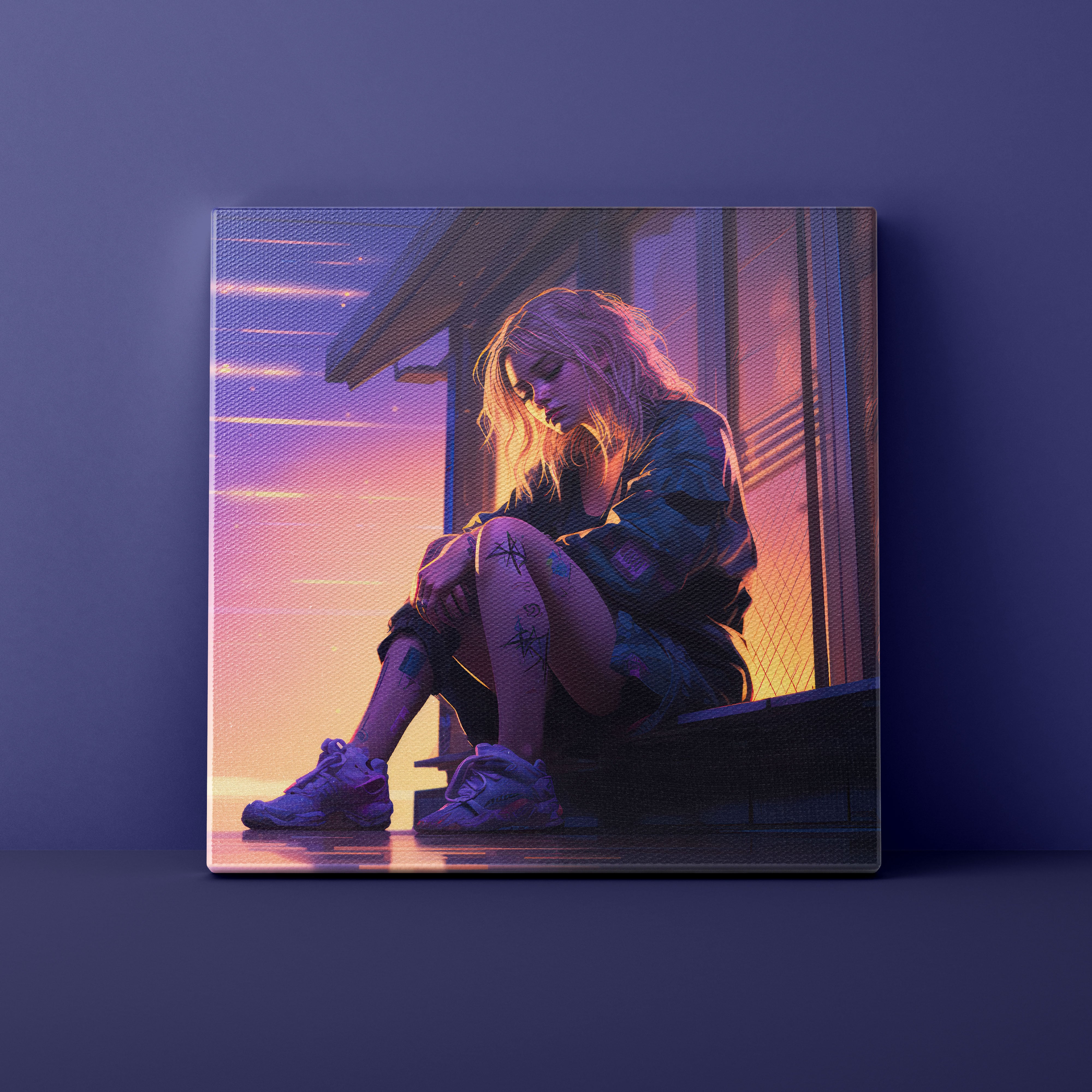 Canvas print of a person sitting on a bench with a purple and pink gradient background