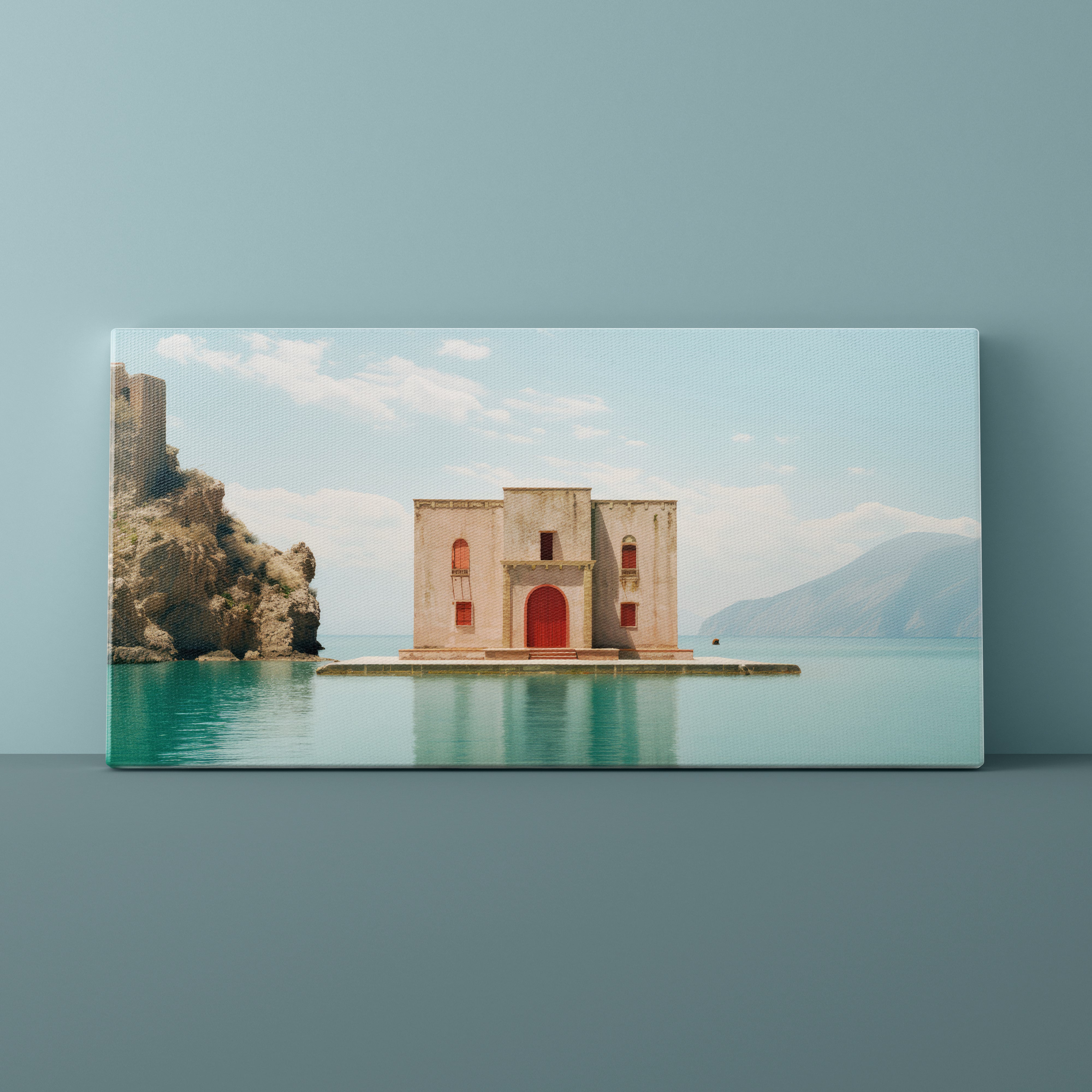 Canvas print of a coastal scene with a building and cliffs on a teal wall.