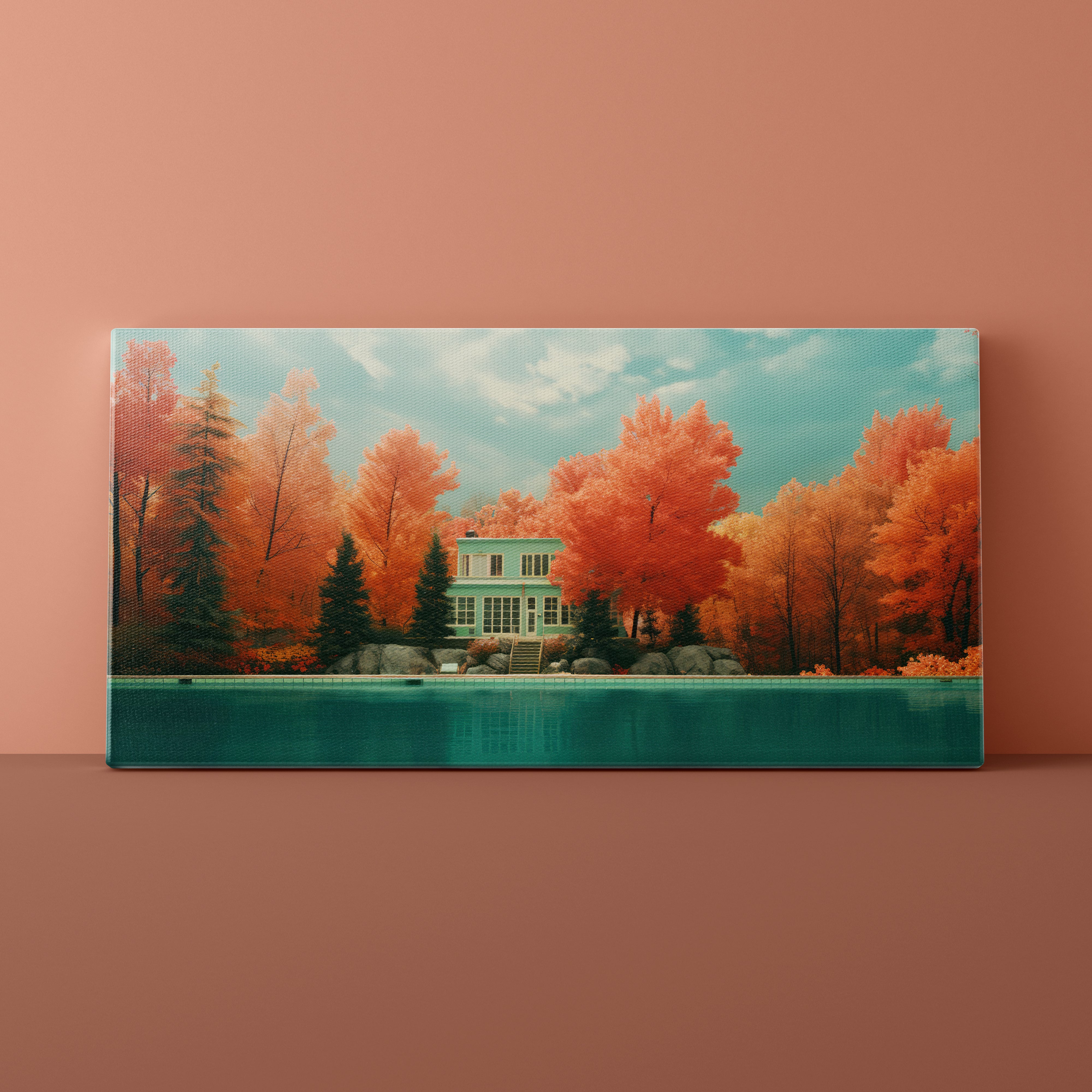 Canvas print of a scenic landscape with trees and a house on a brown background