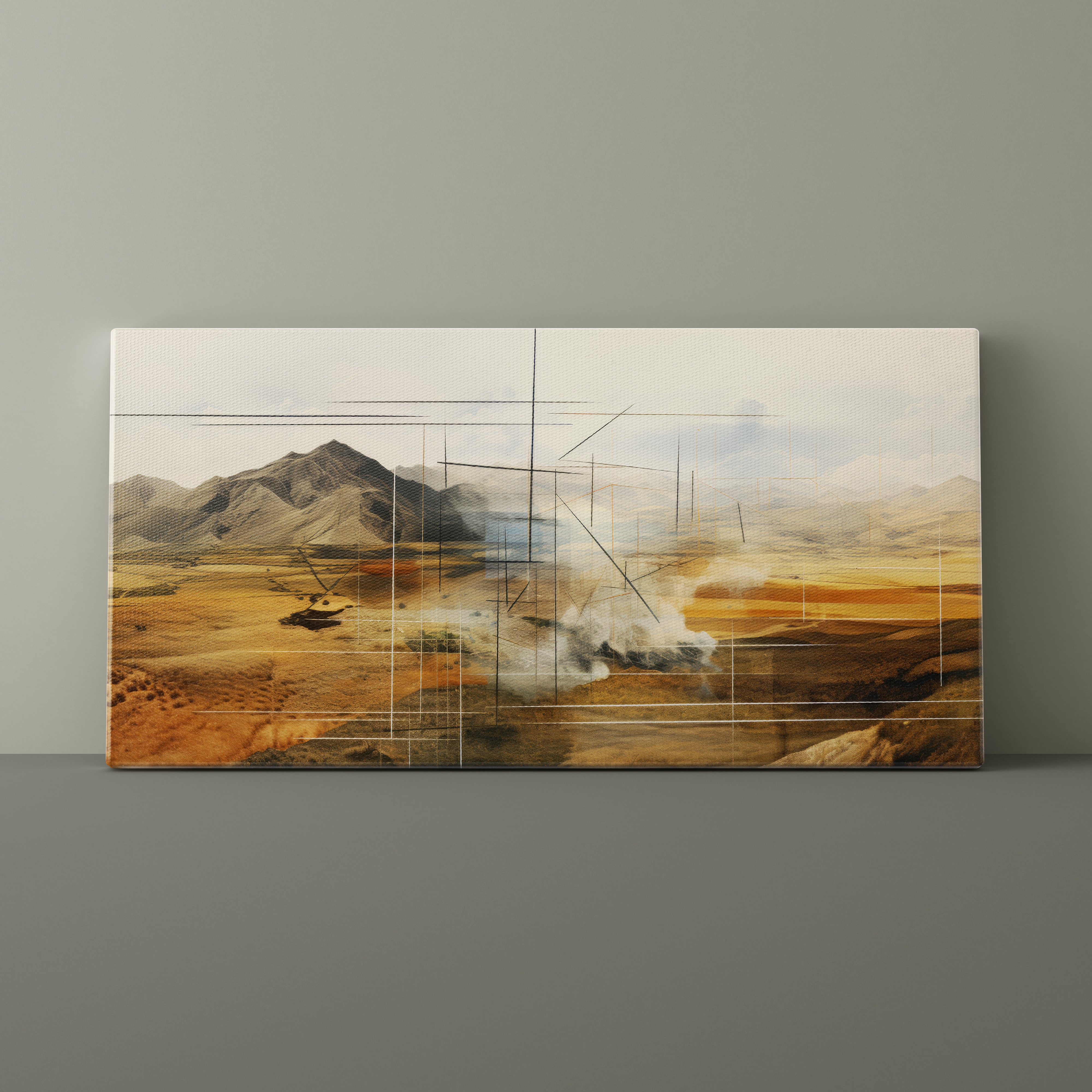 Abstract landscape painting on a gray wall