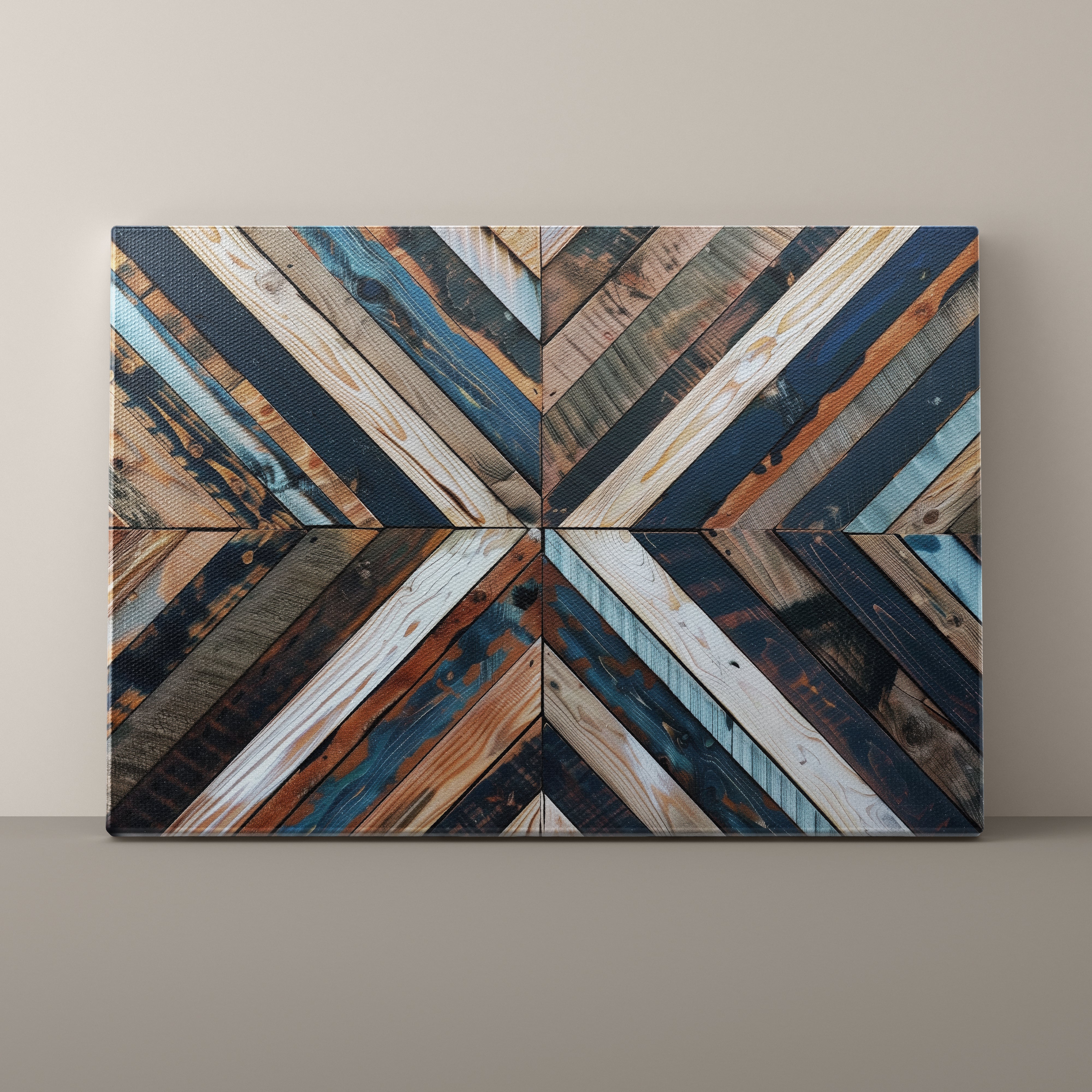 Wooden wall art with a geometric pattern on a beige background