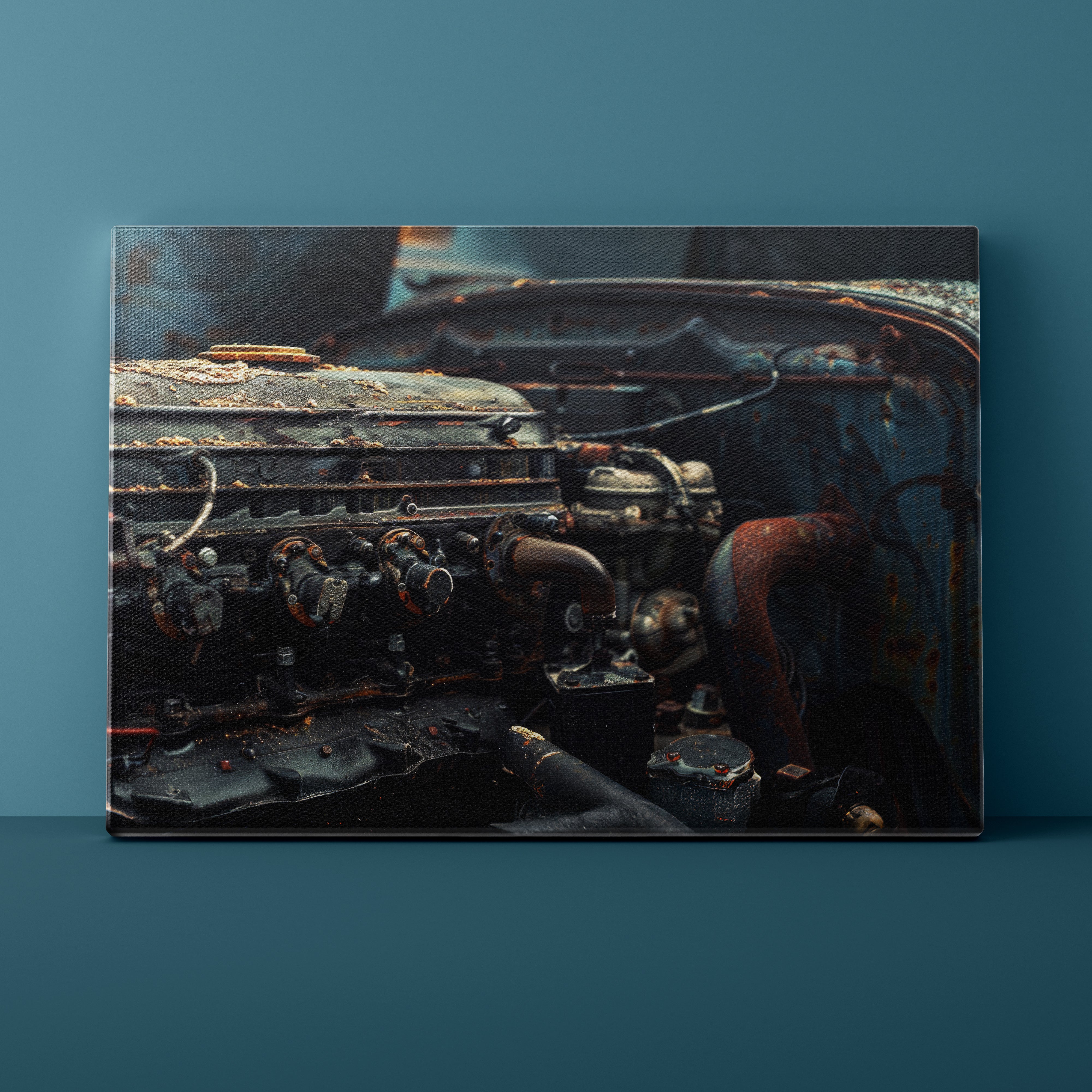Canvas print of a detailed engine on a blue wall