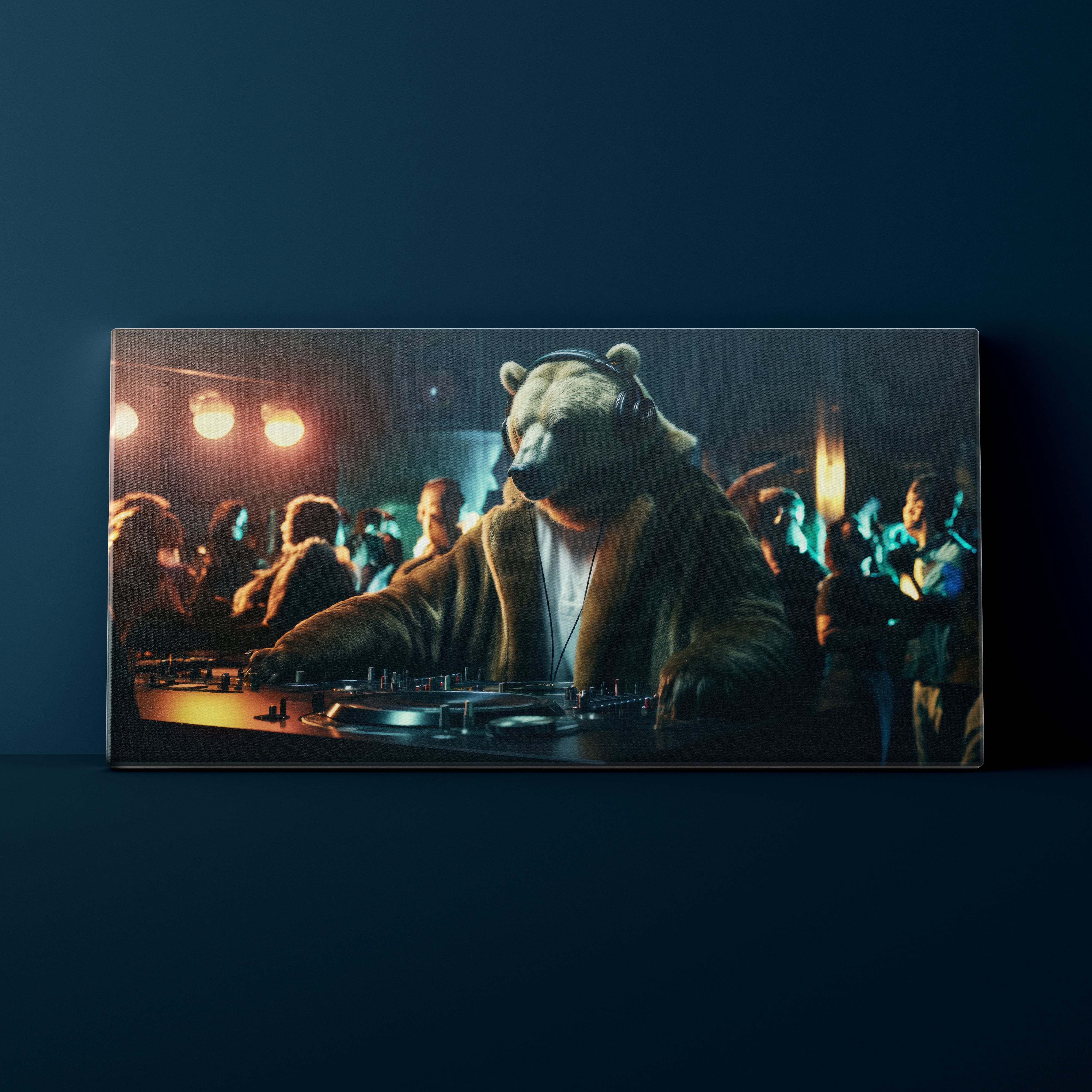 Canvas print of a bear DJing at a concert with a dark blue background