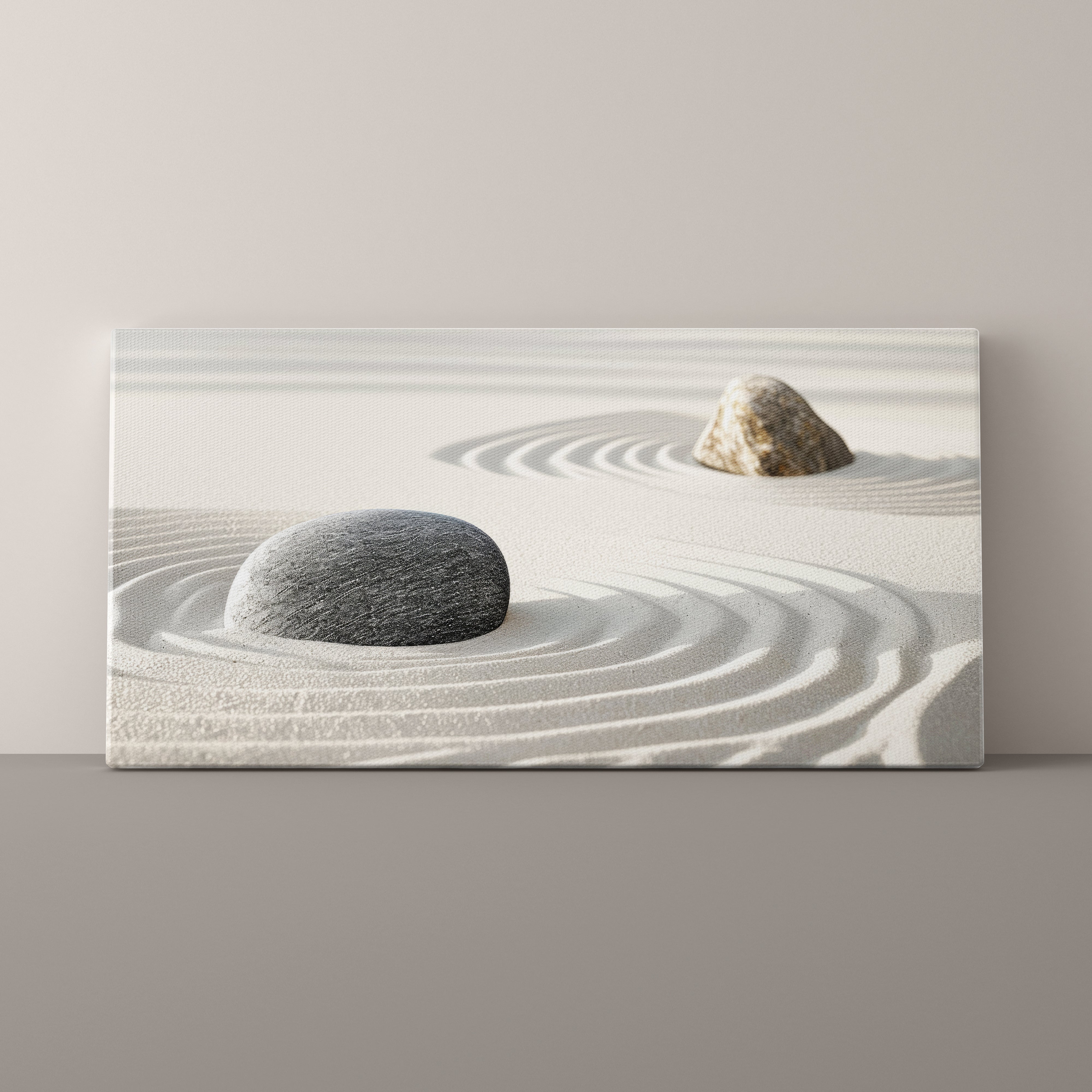 Canvas print of a minimalist scene with two stones and raked sand on a plain background