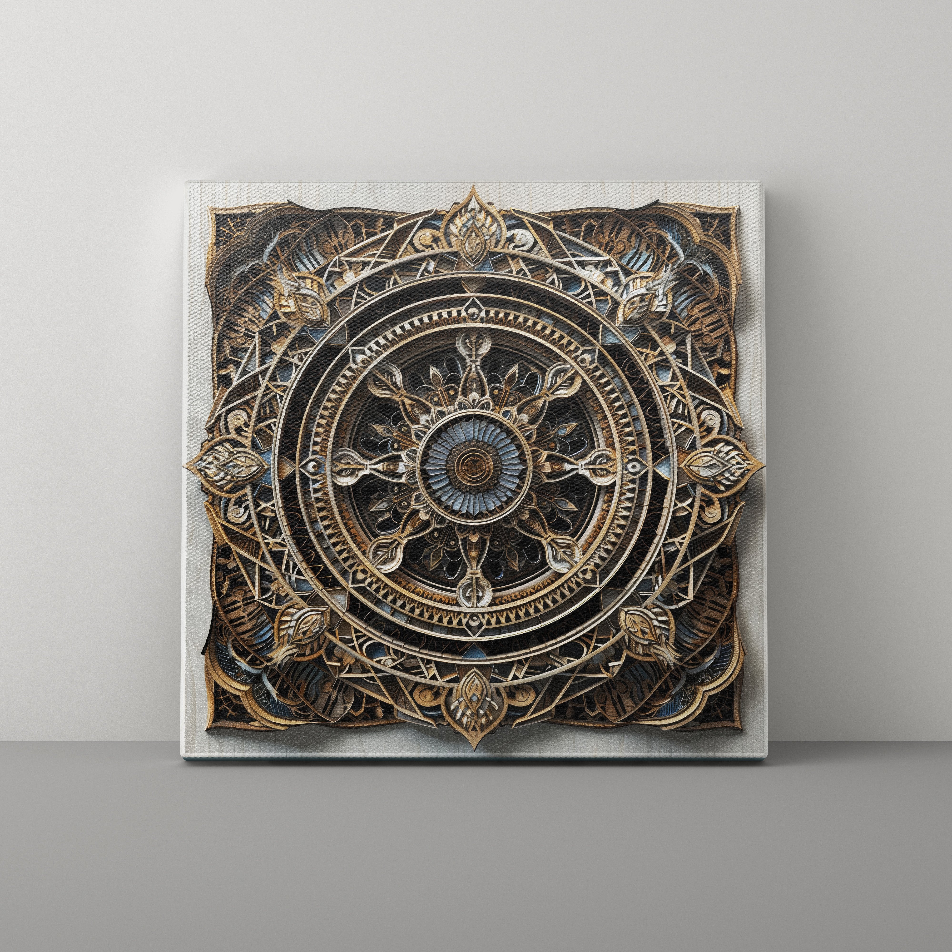 Decorative mandala art piece on a gray background